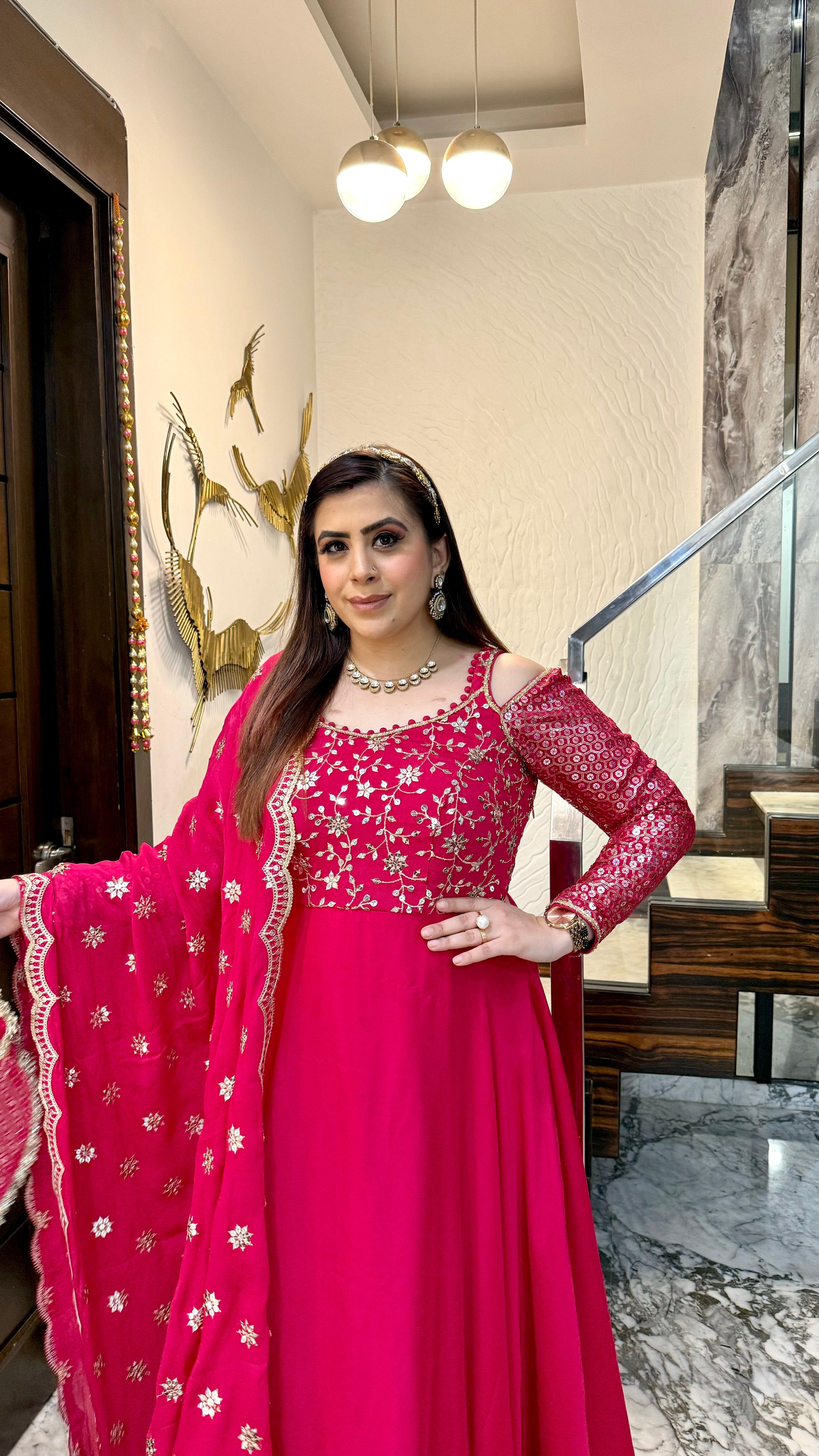 Hot Pink Lohri Anarkali with Bag