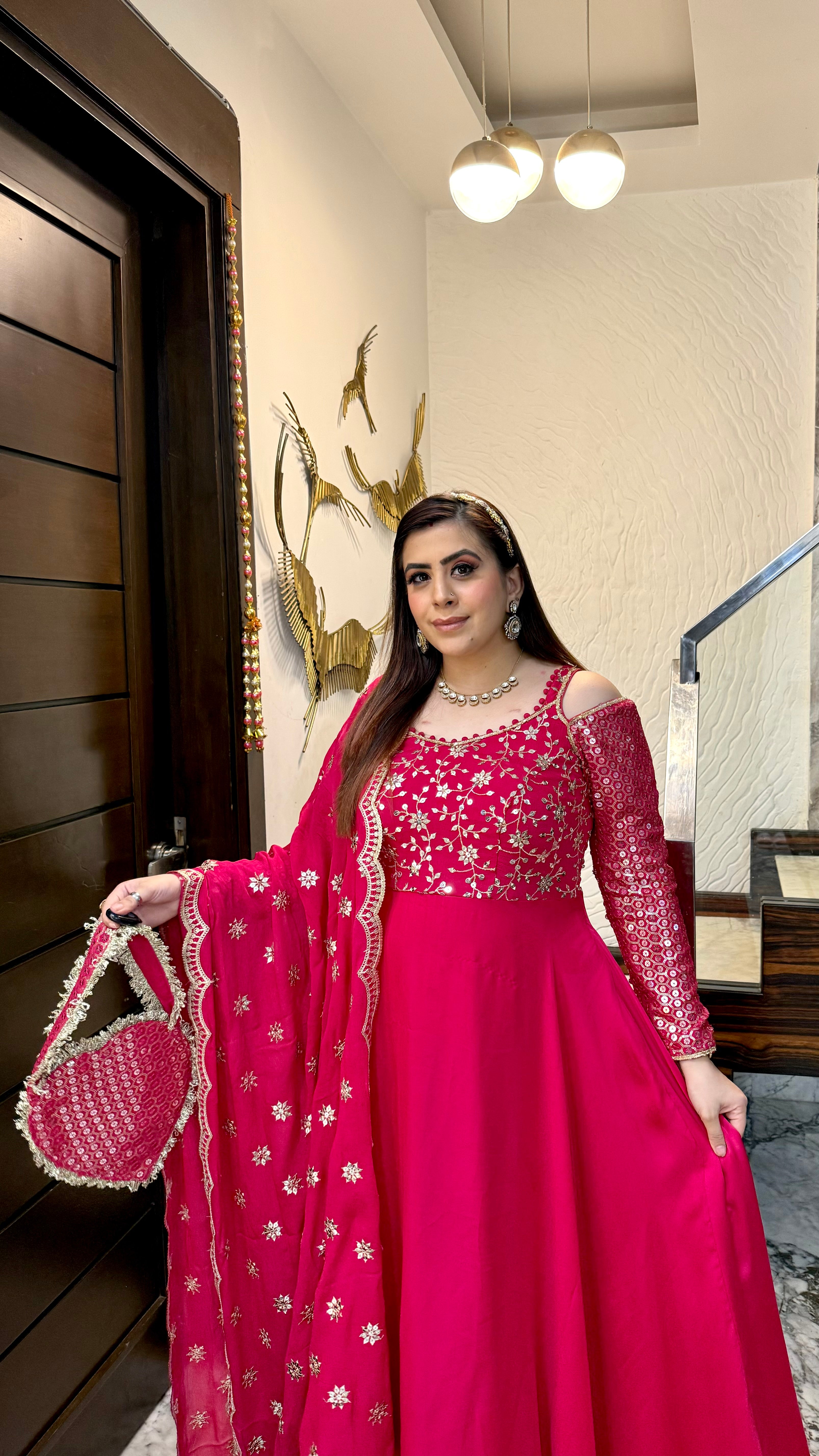 Hot Pink Lohri Anarkali with Bag