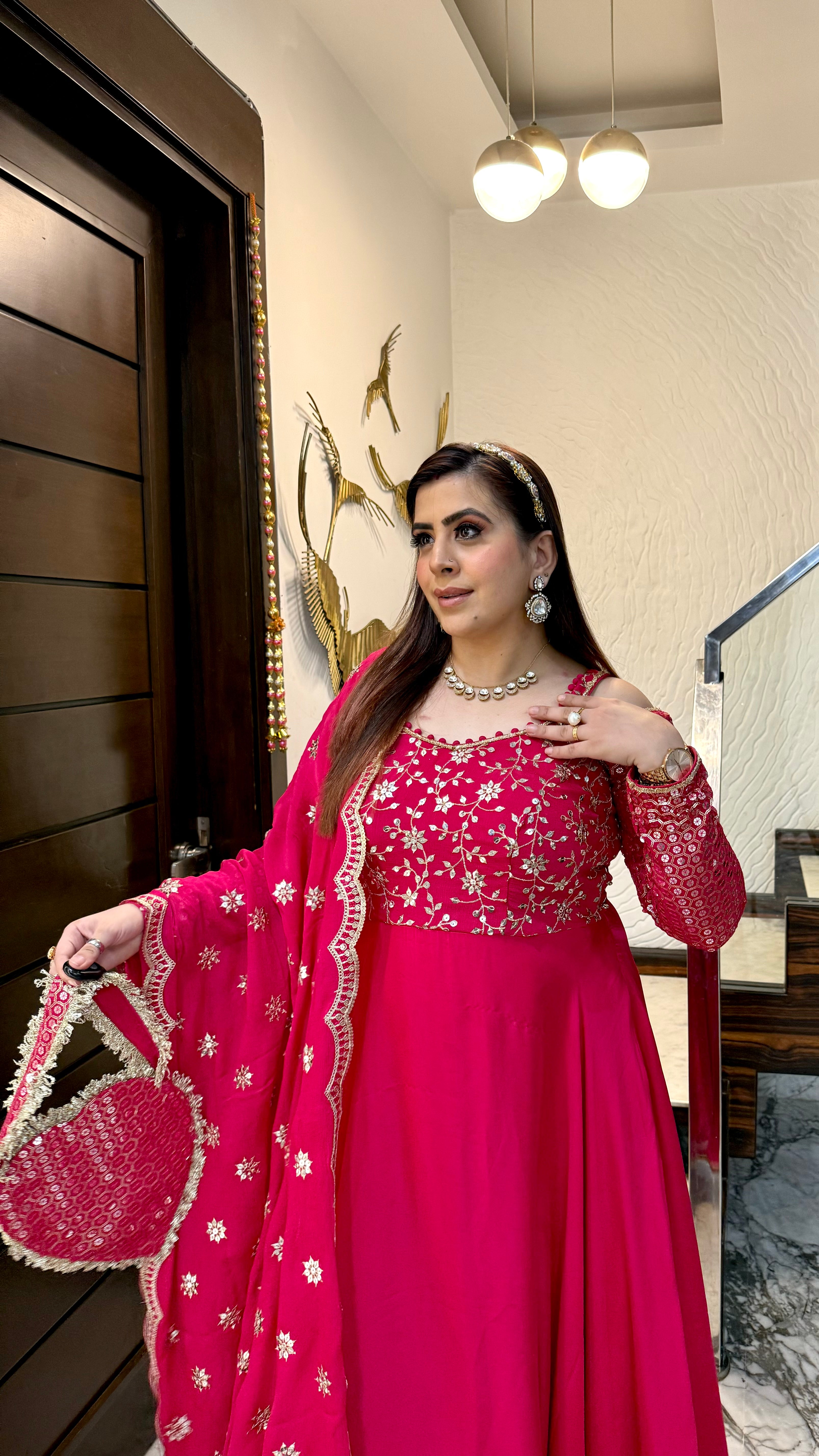 Hot Pink Lohri Anarkali with Bag