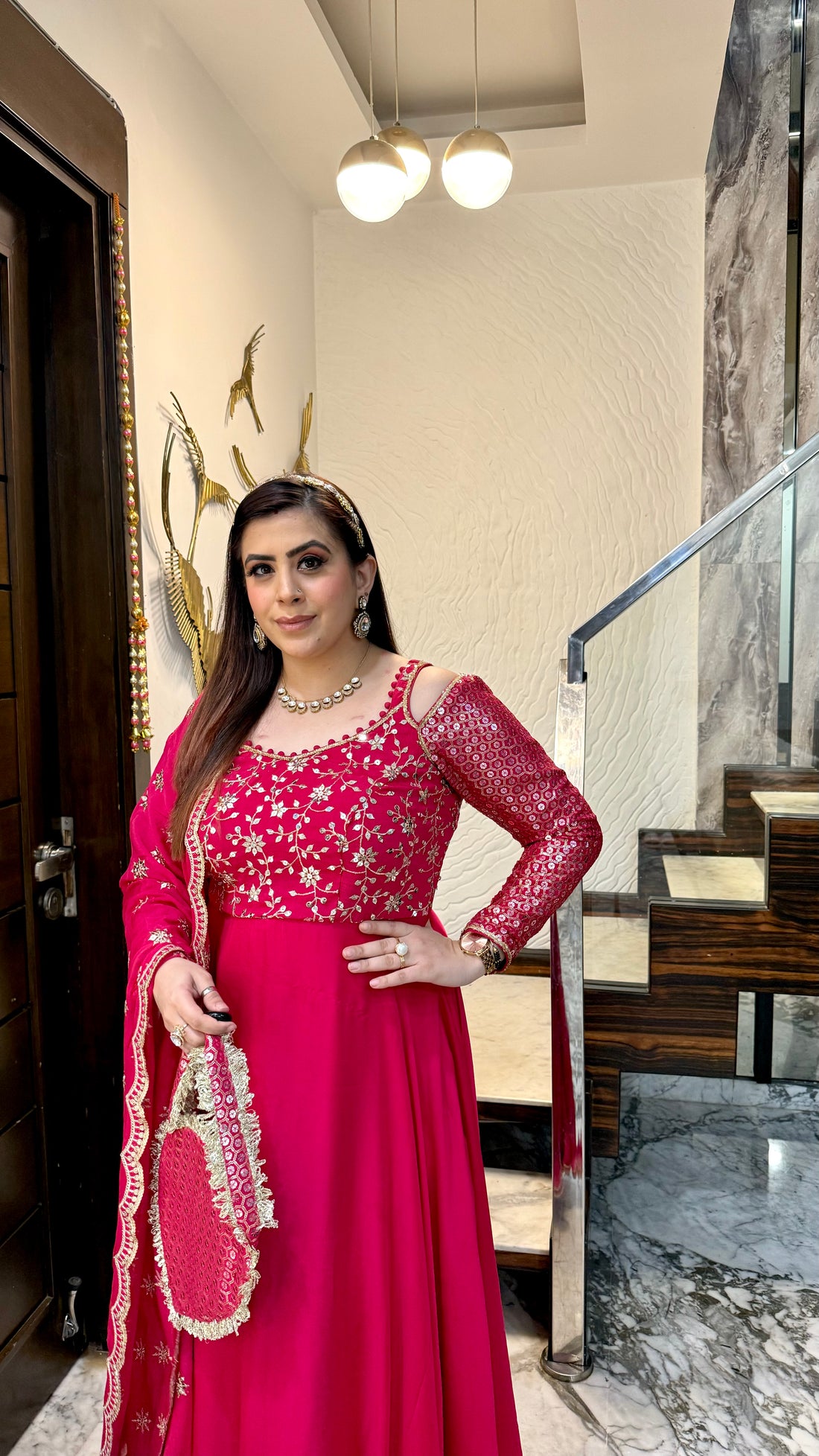 Hot Pink Lohri Anarkali with Bag