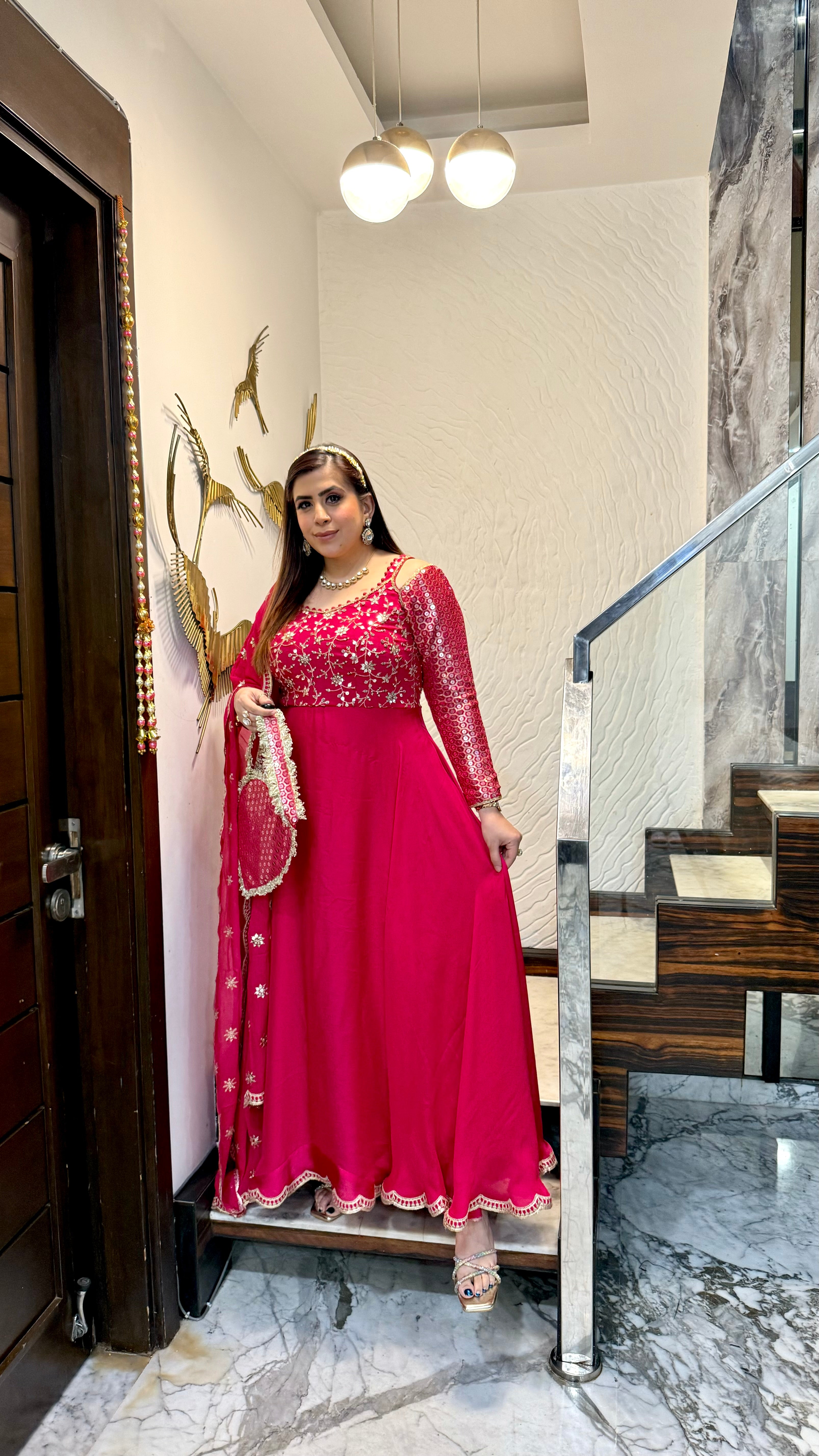 Hot Pink Lohri Anarkali with Bag