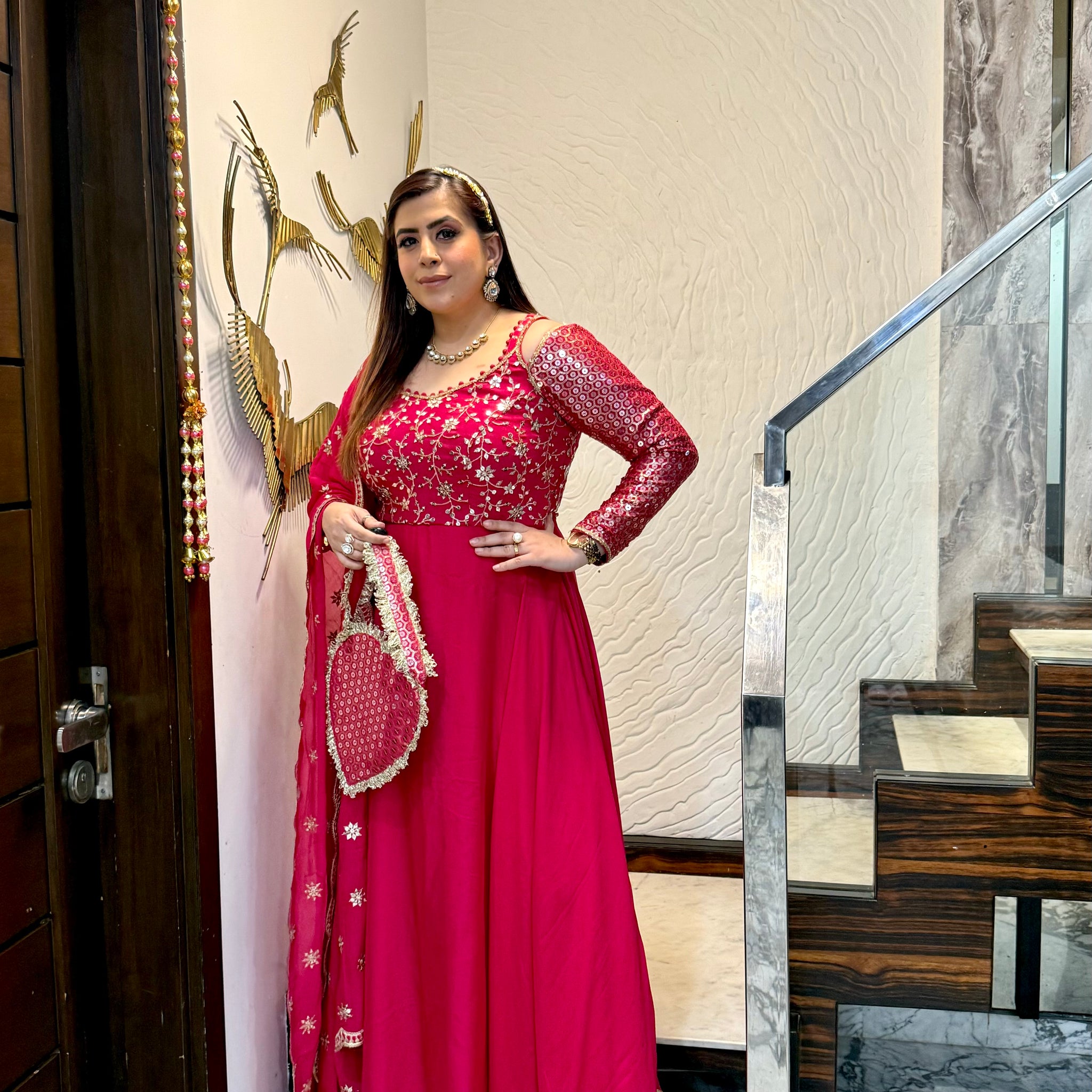 Hot Pink Lohri Anarkali with Bag