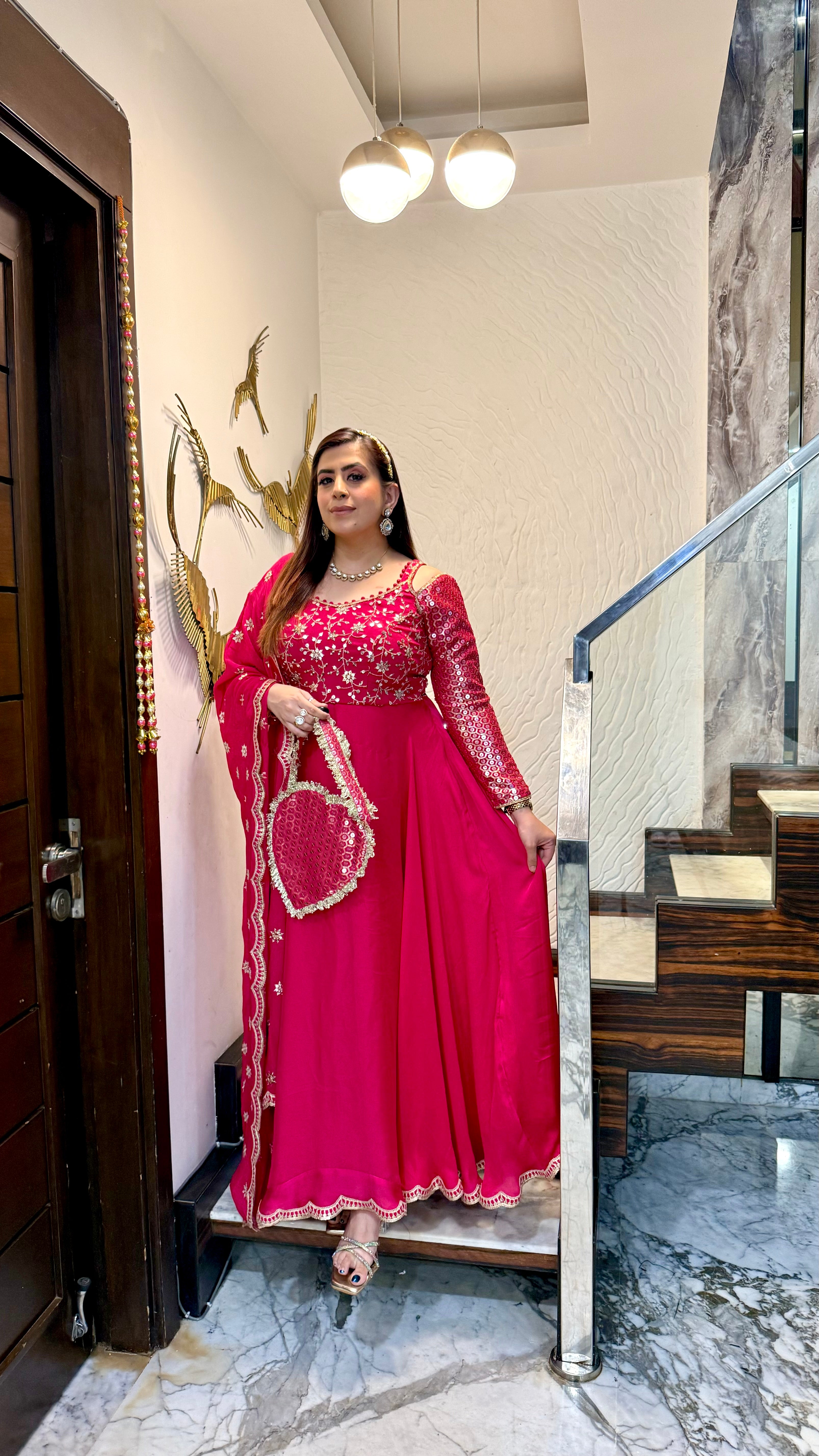 Hot Pink Lohri Anarkali with Bag
