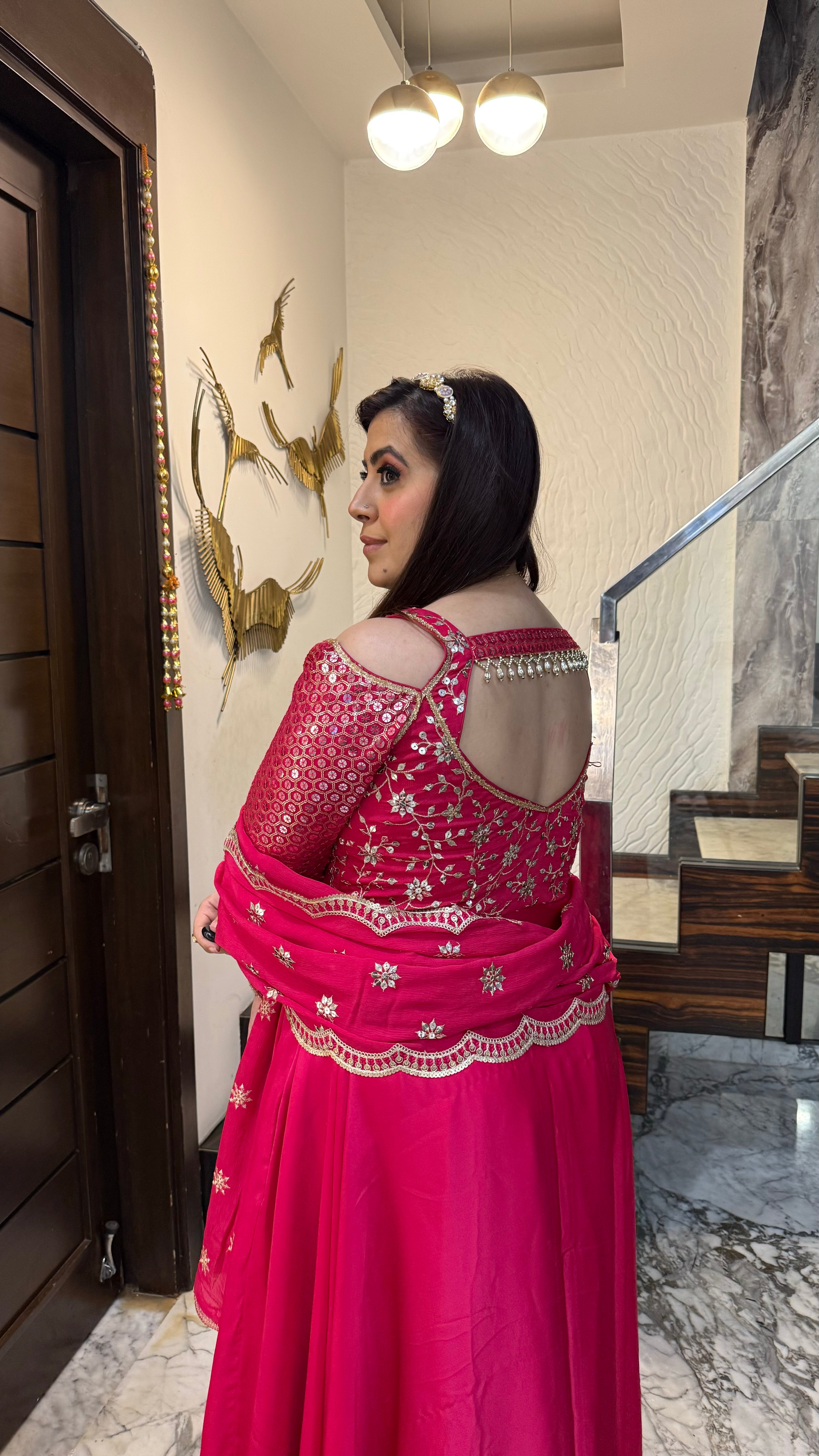 Hot Pink Lohri Anarkali with Bag