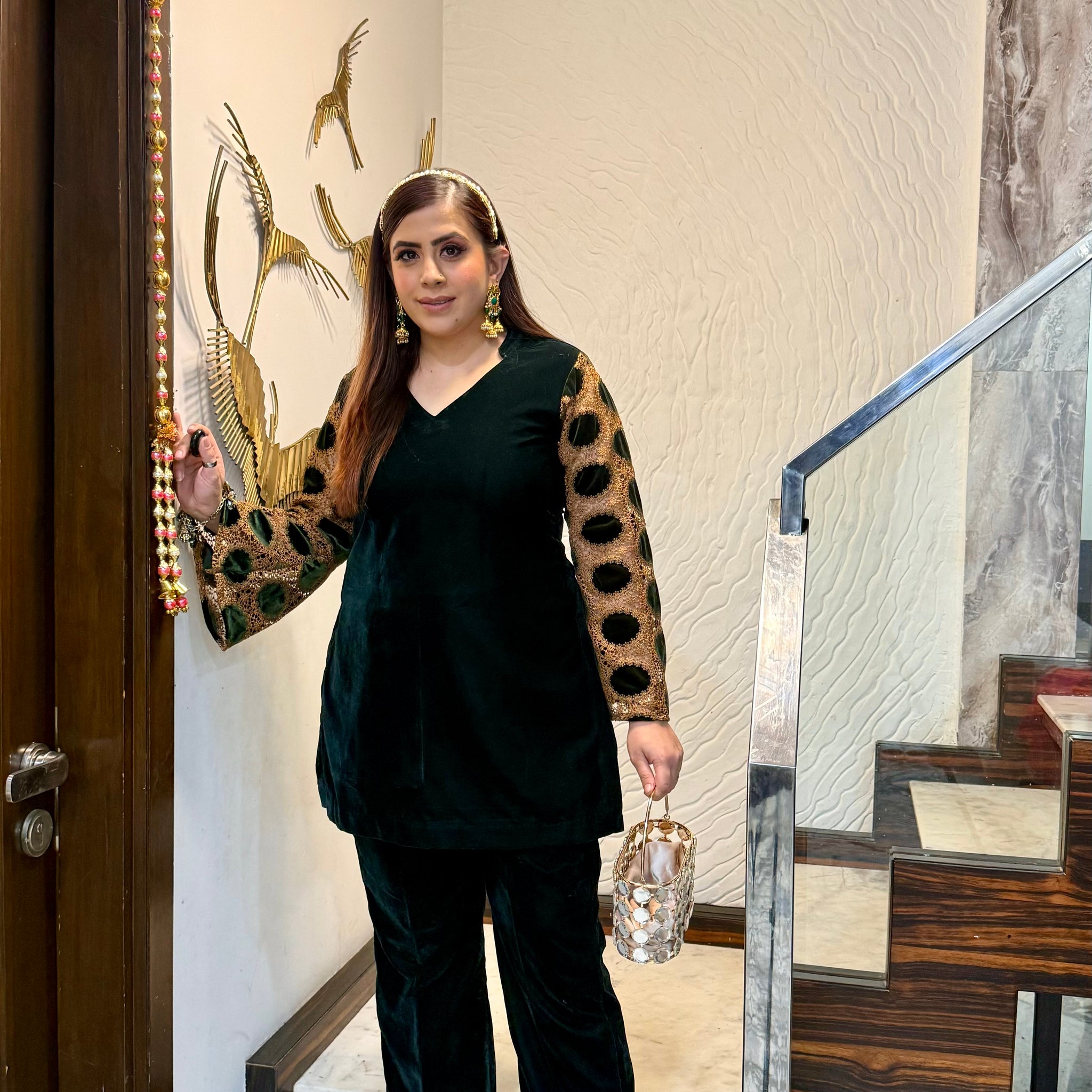 Bottle Green Mesh Velvet Co-Ord