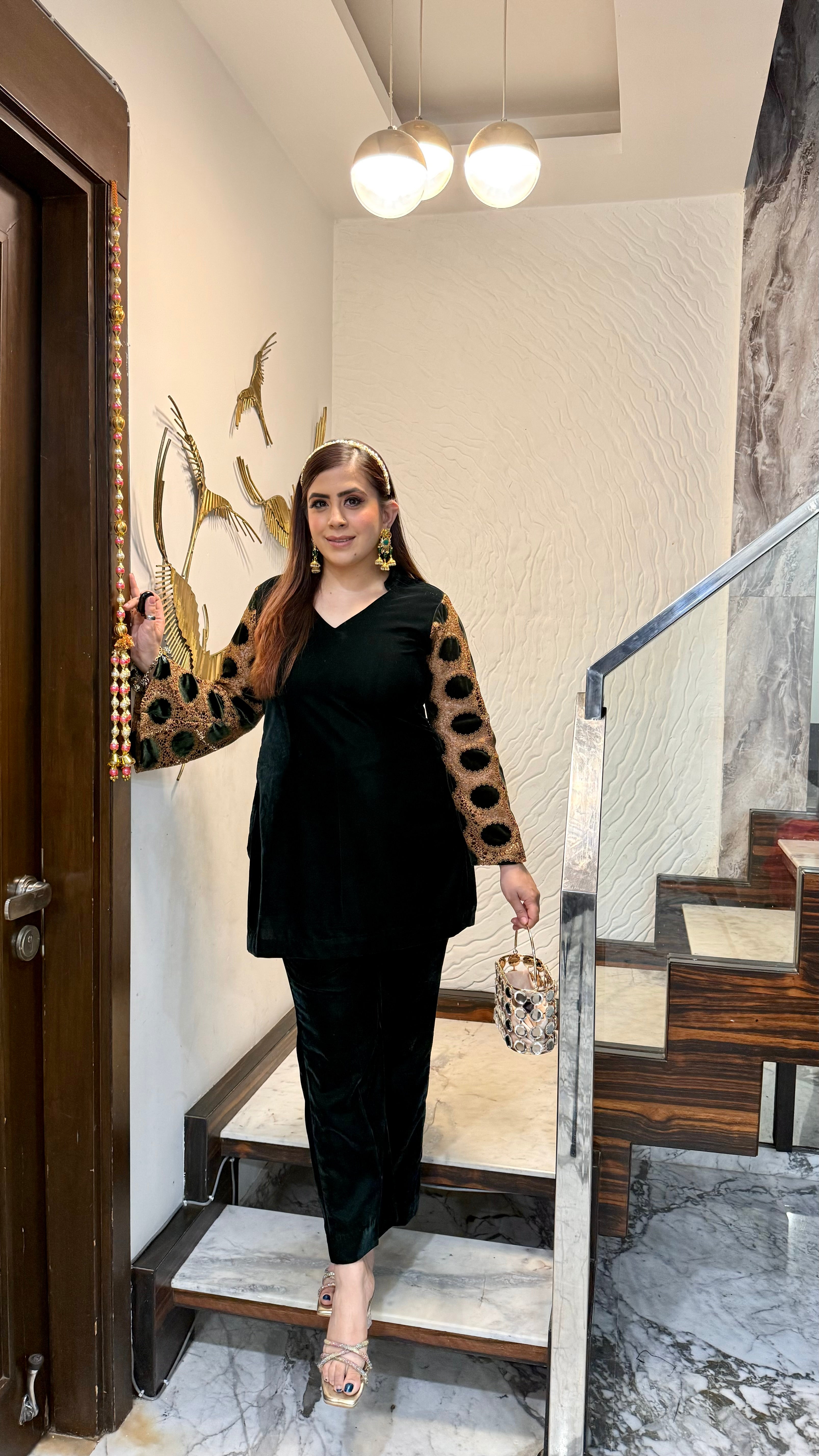 Bottle Green Mesh Velvet Co-Ord