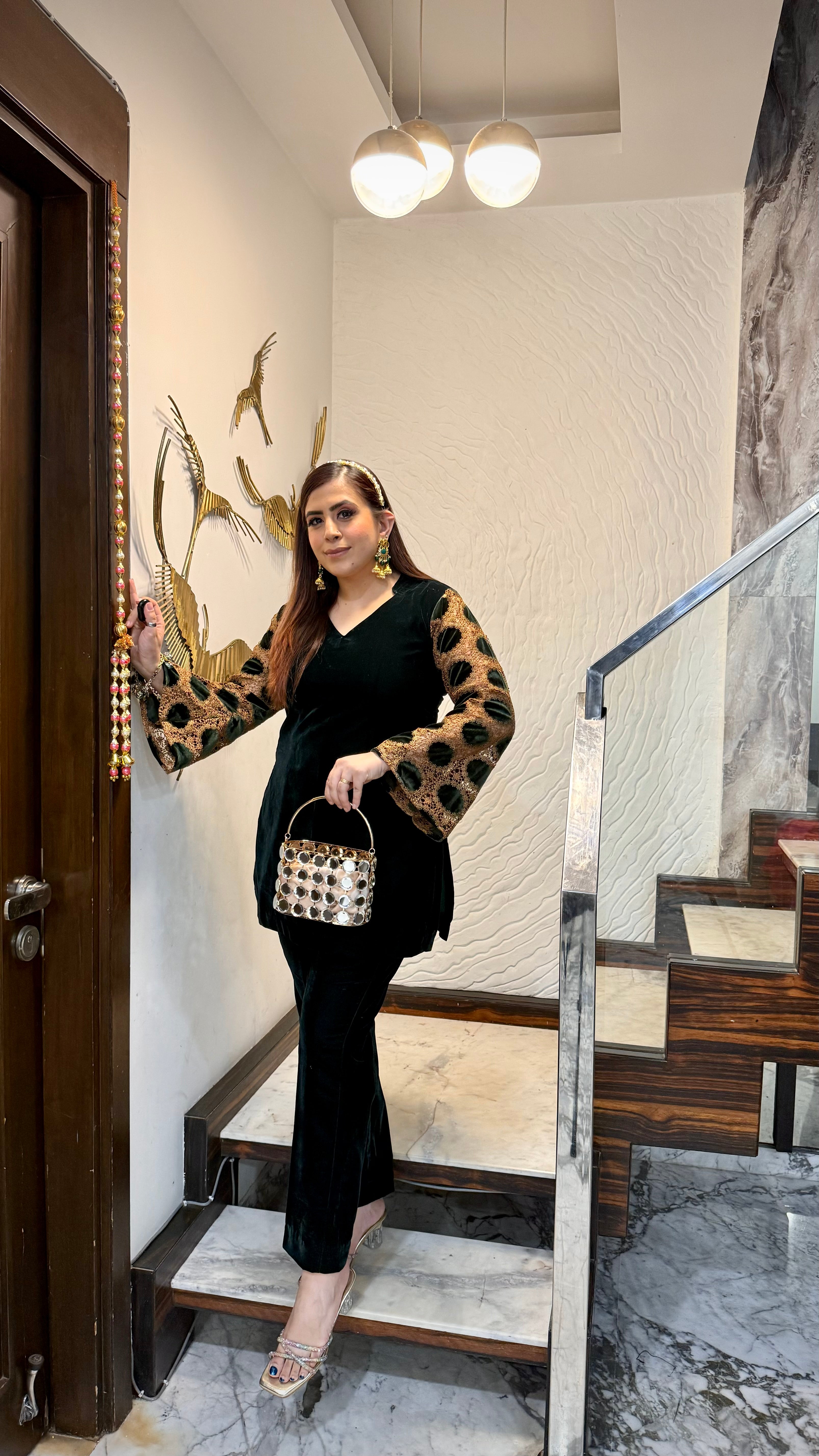 Bottle Green Mesh Velvet Co-Ord