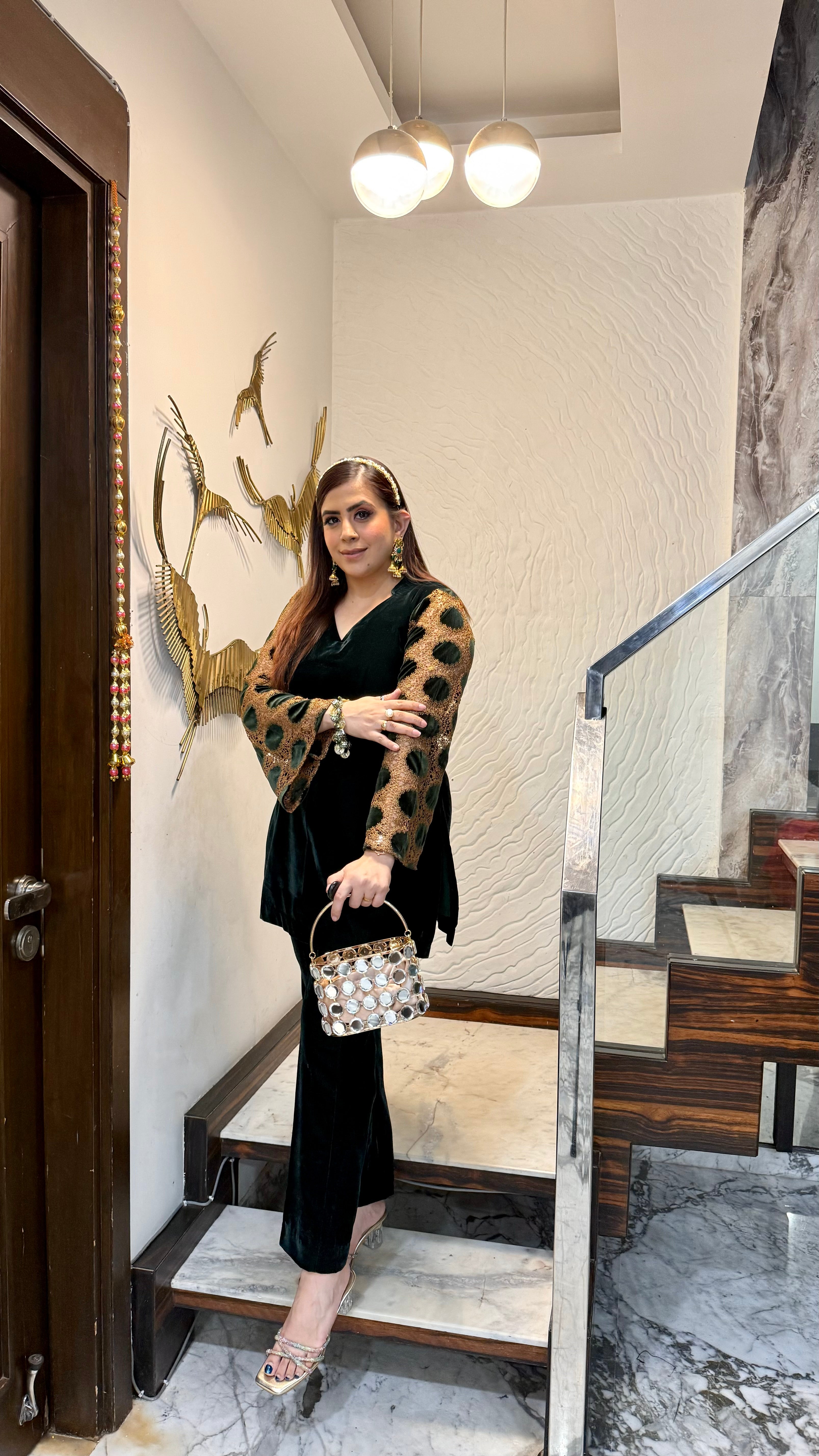 Bottle Green Mesh Velvet Co-Ord