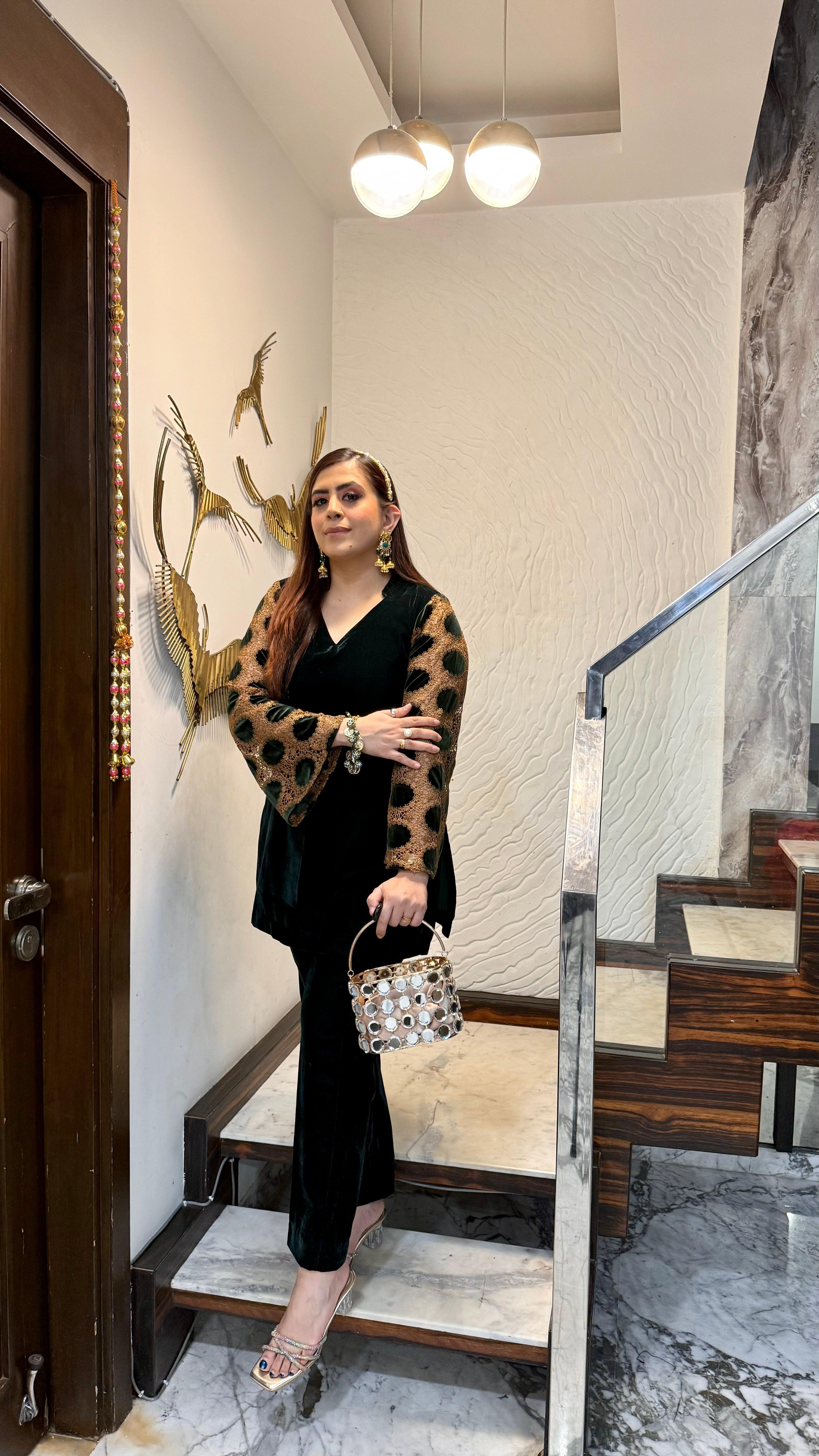 Bottle Green Mesh Velvet Co-Ord