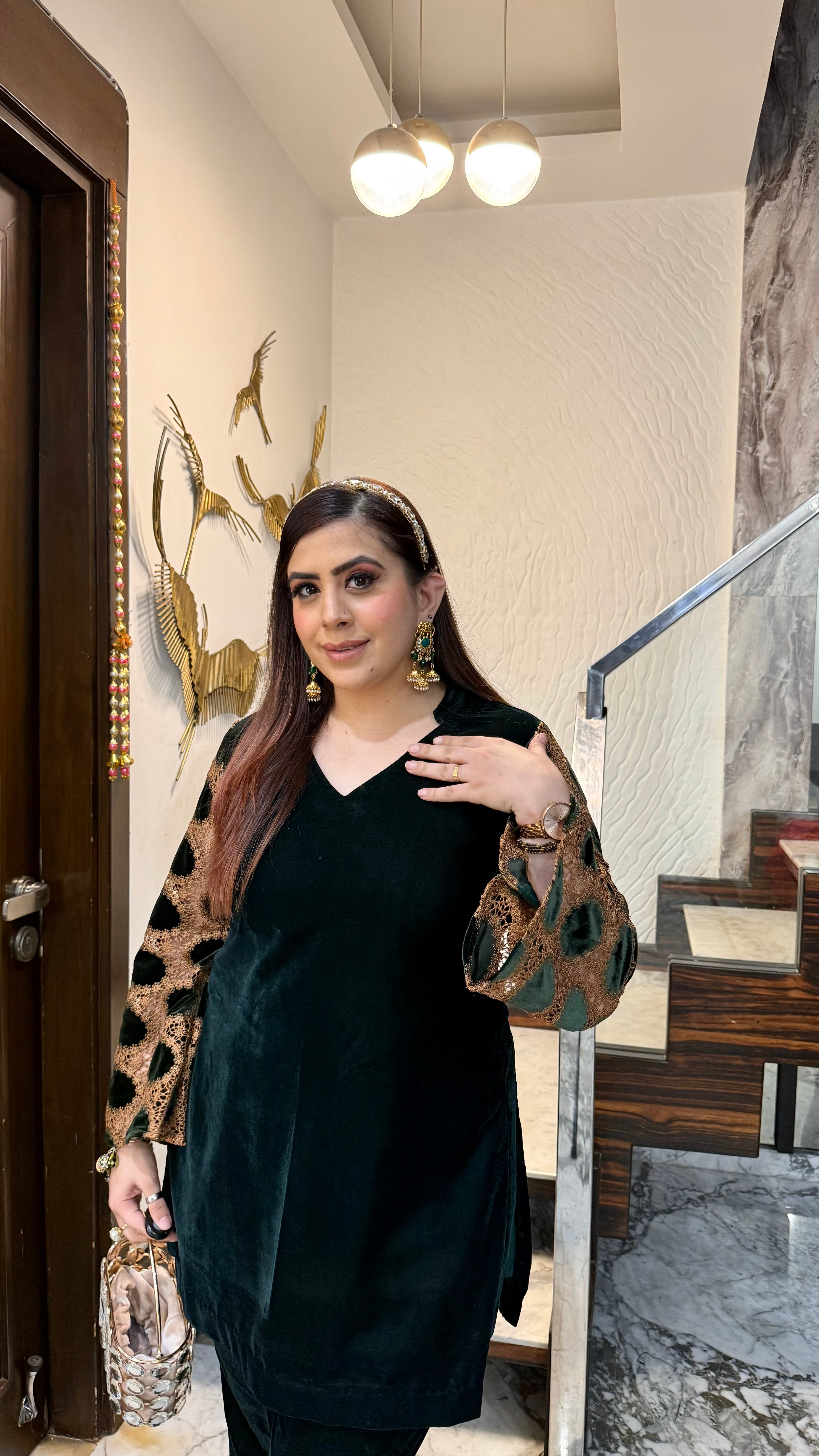 Bottle Green Mesh Velvet Co-Ord