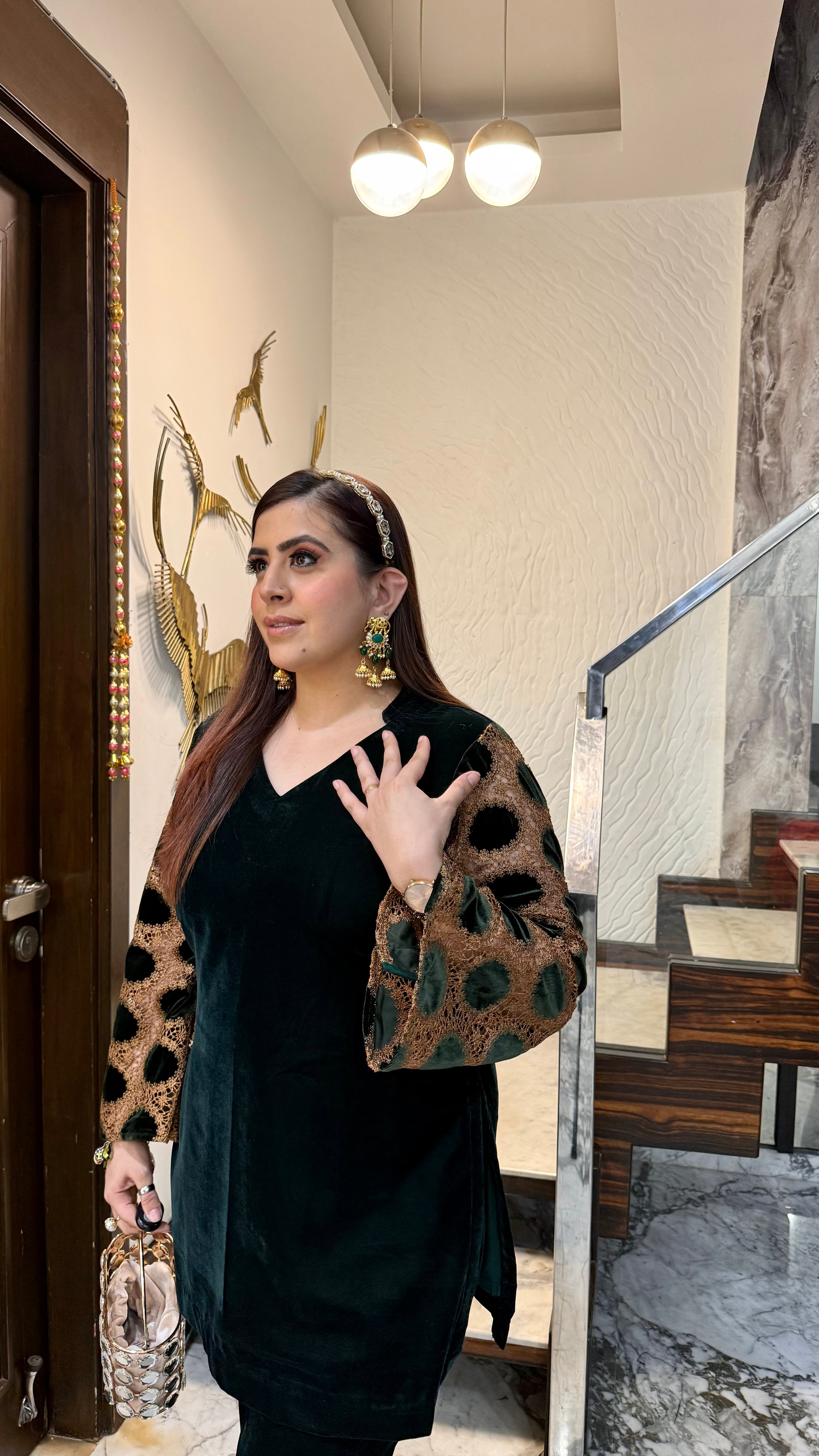 Bottle Green Mesh Velvet Co-Ord