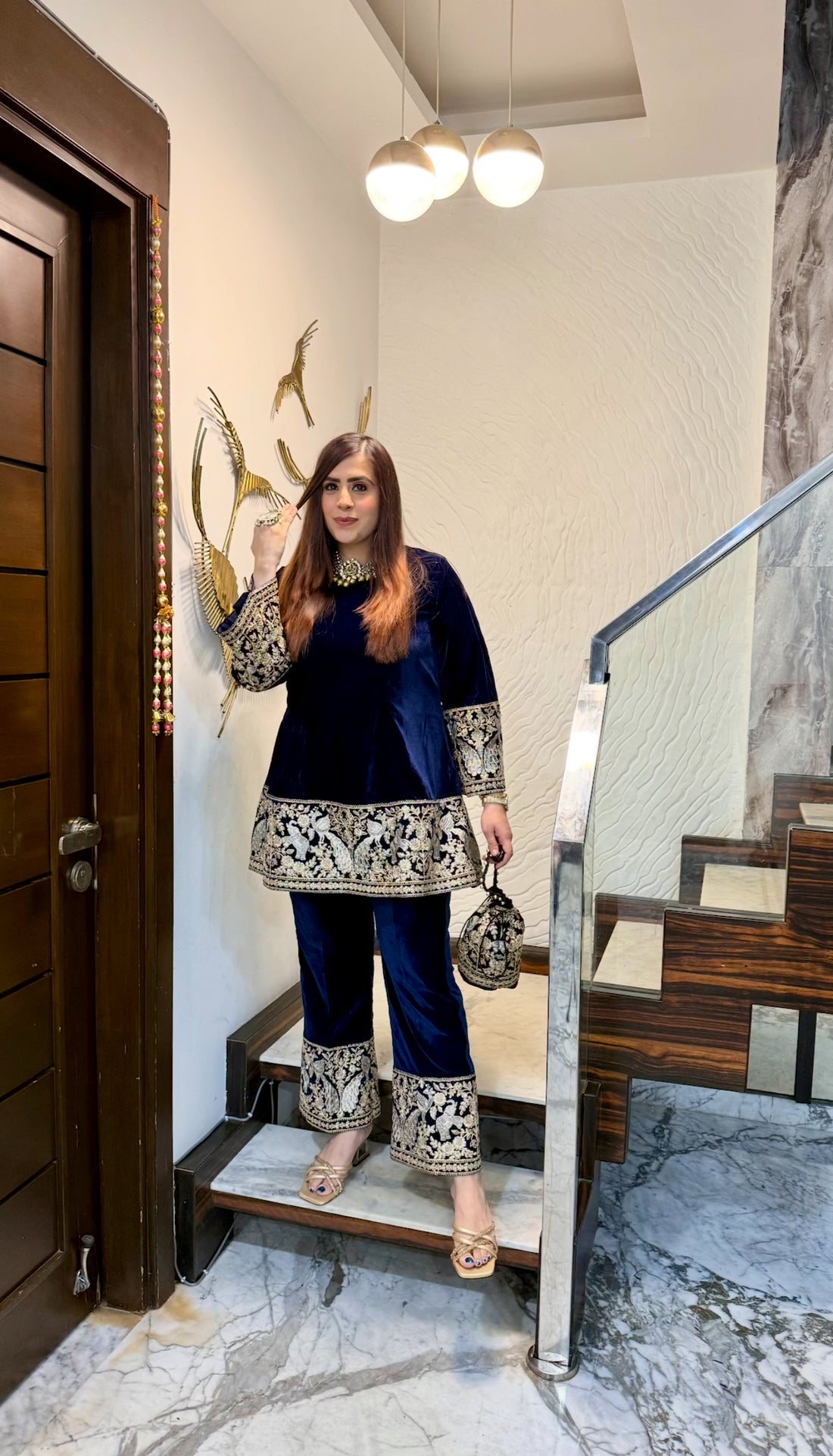 Navy Blue Bird Velvet Co-Ord with Potli Bag