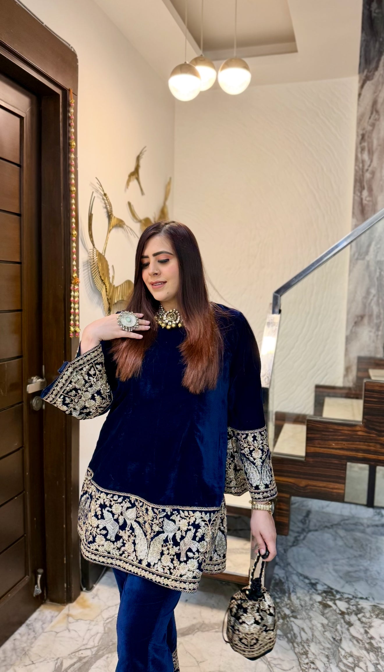Navy Blue Bird Velvet Co-Ord with Potli Bag