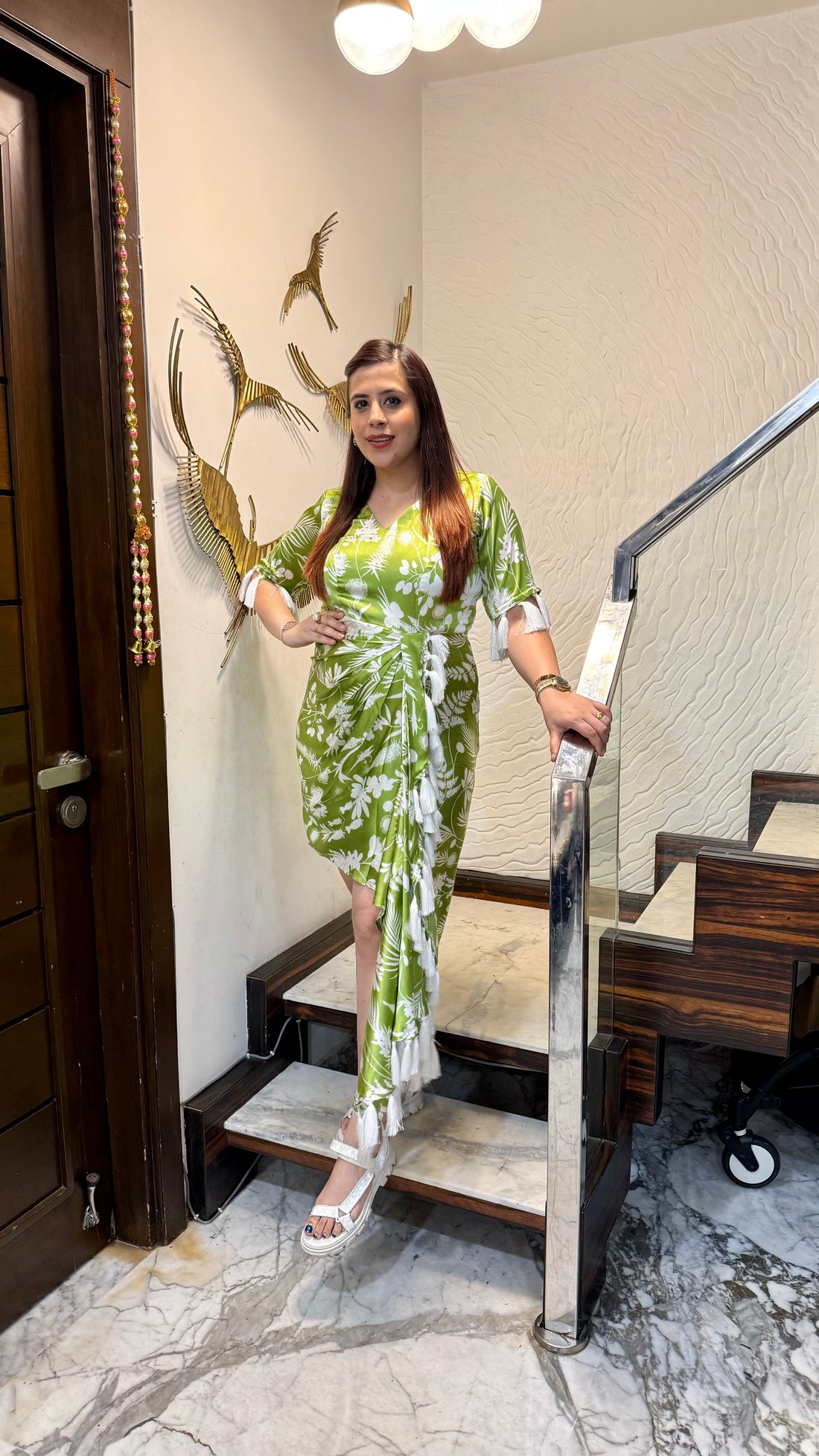 Green Satin Drape Dress