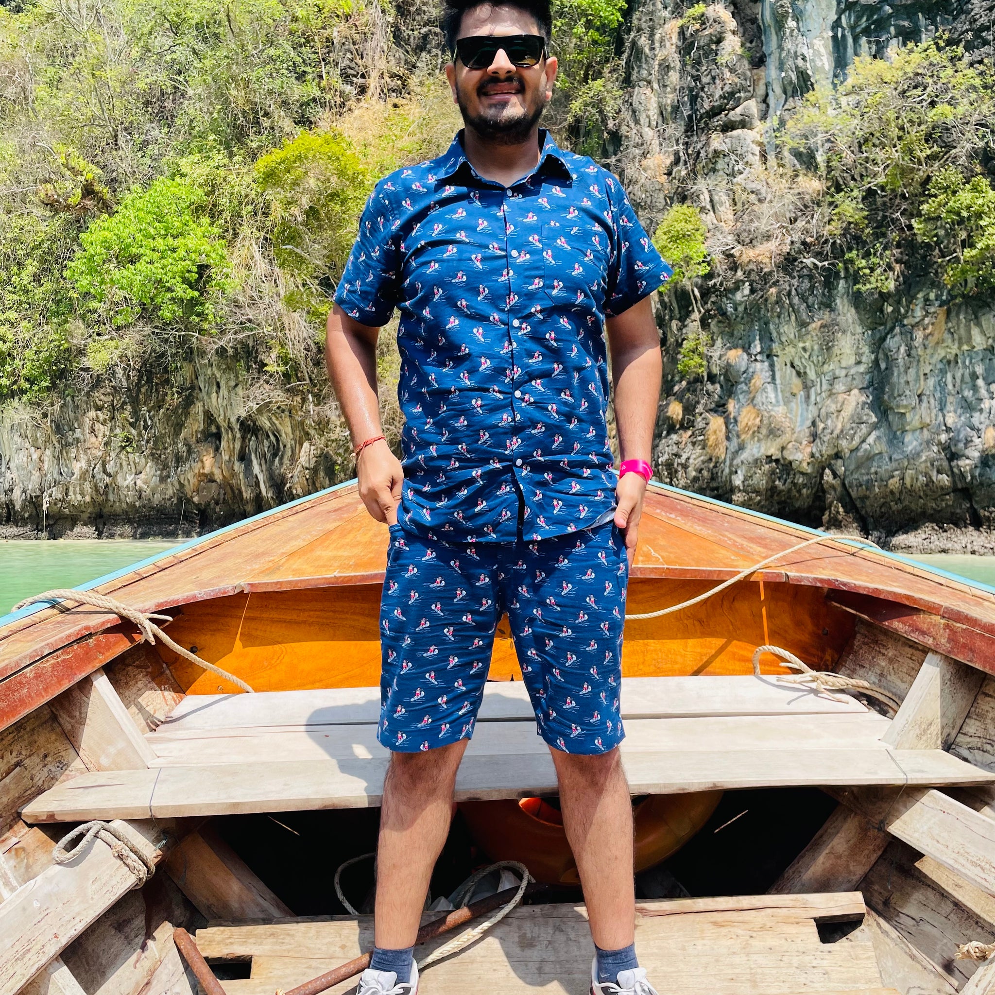 Navy Blue Santa Surfing Cotton Co-ord