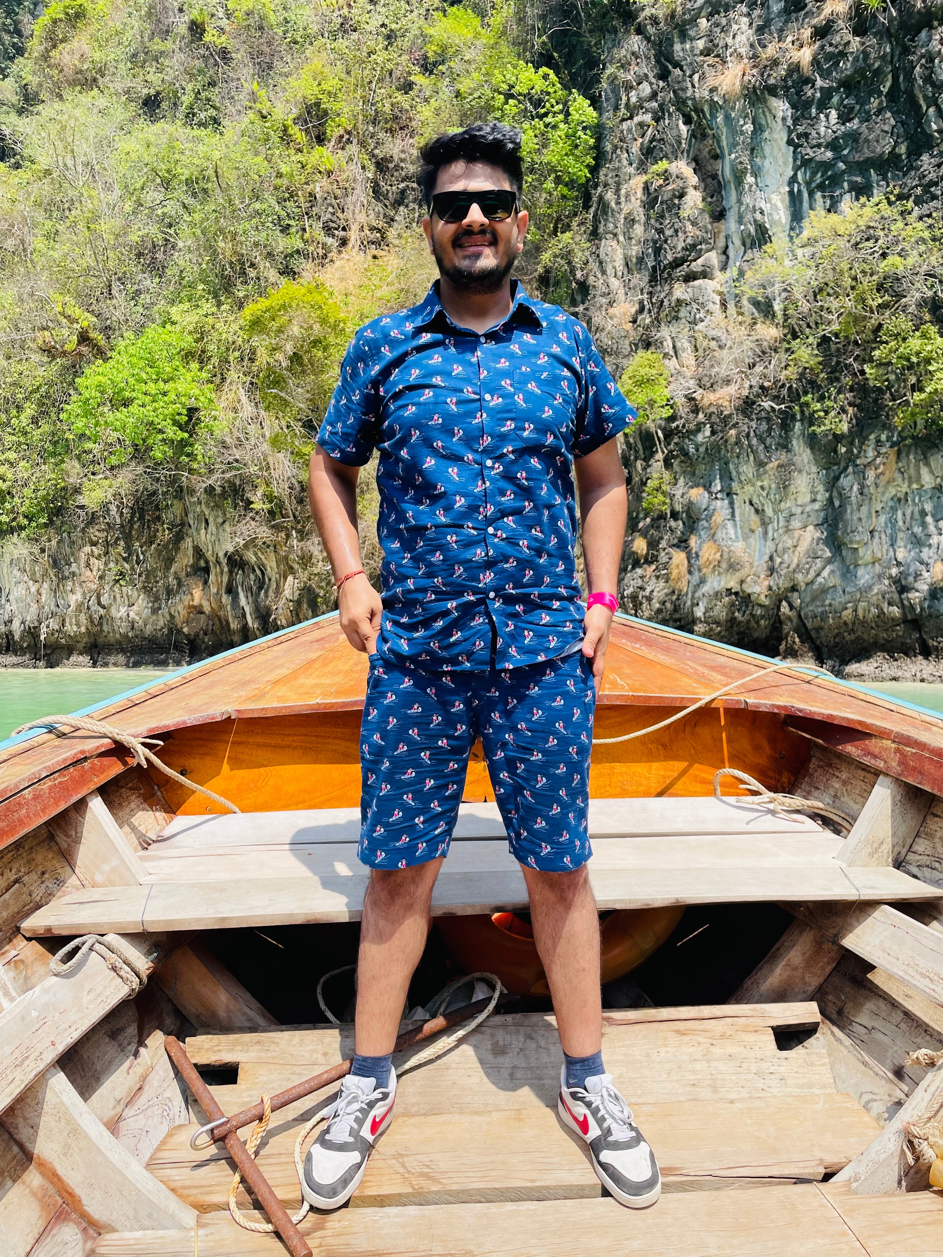 Navy Blue Santa Surfing Cotton Co-ord