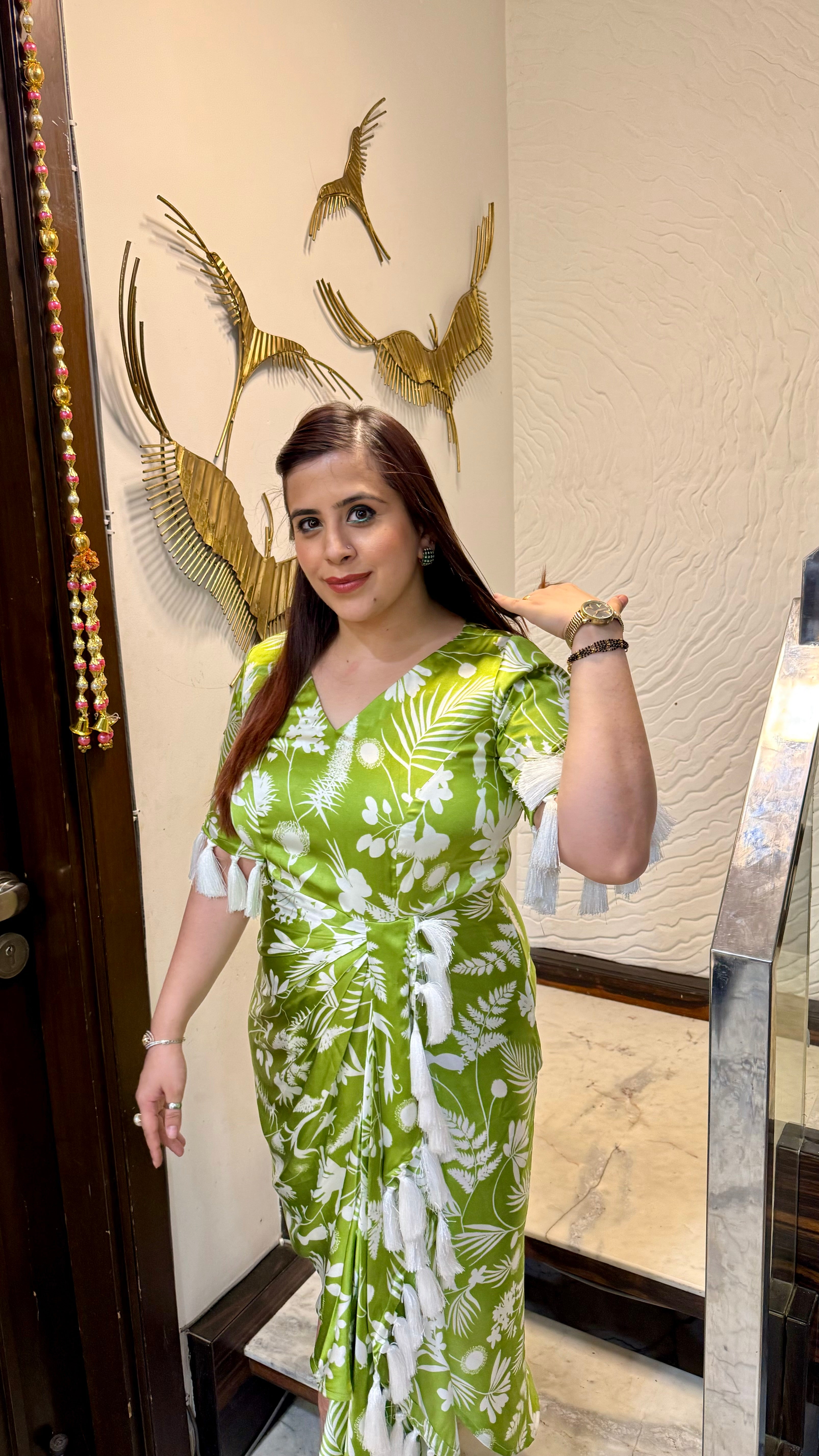 Green Satin Drape Dress