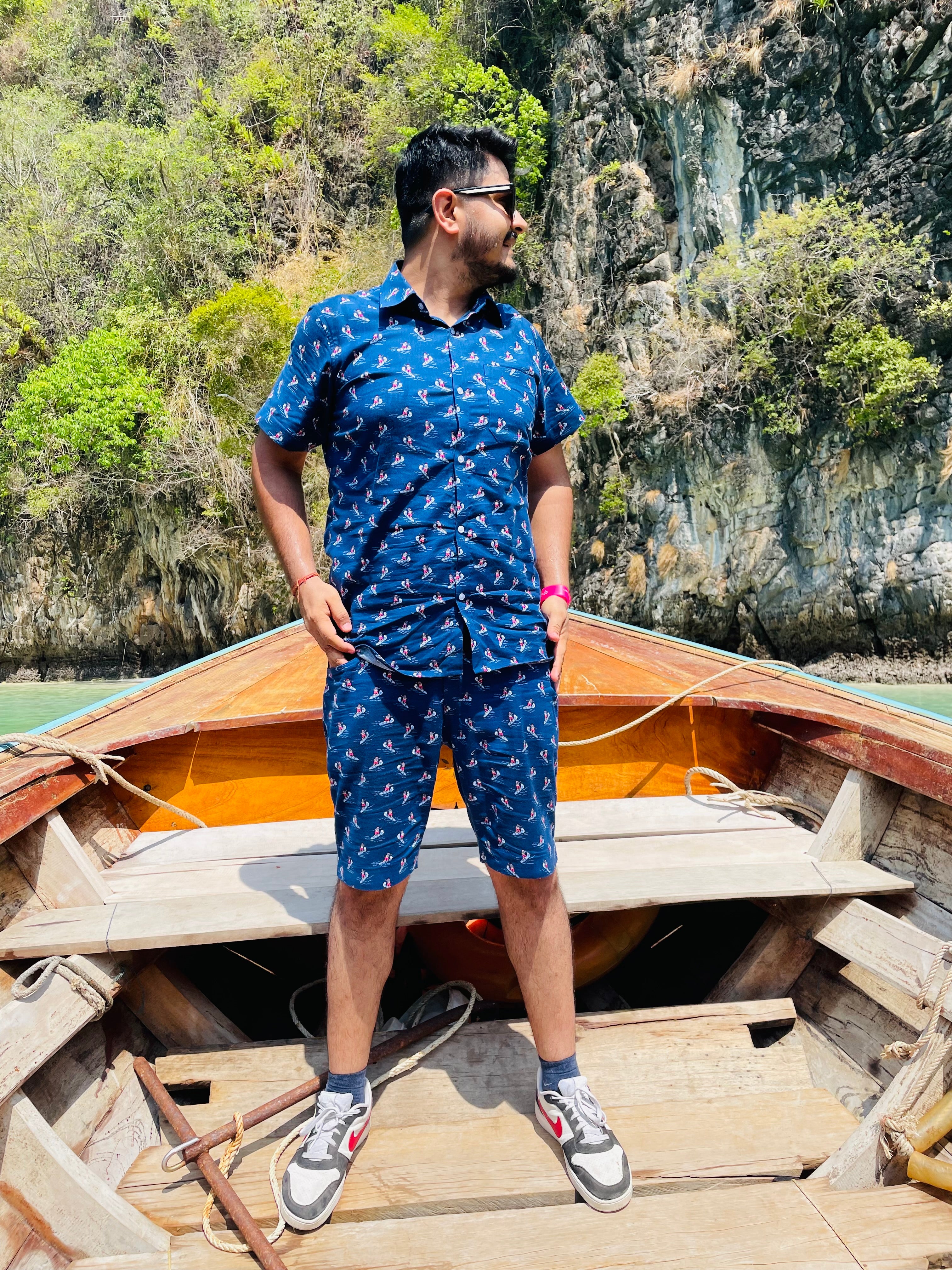 Navy Blue Santa Surfing Cotton Co-ord