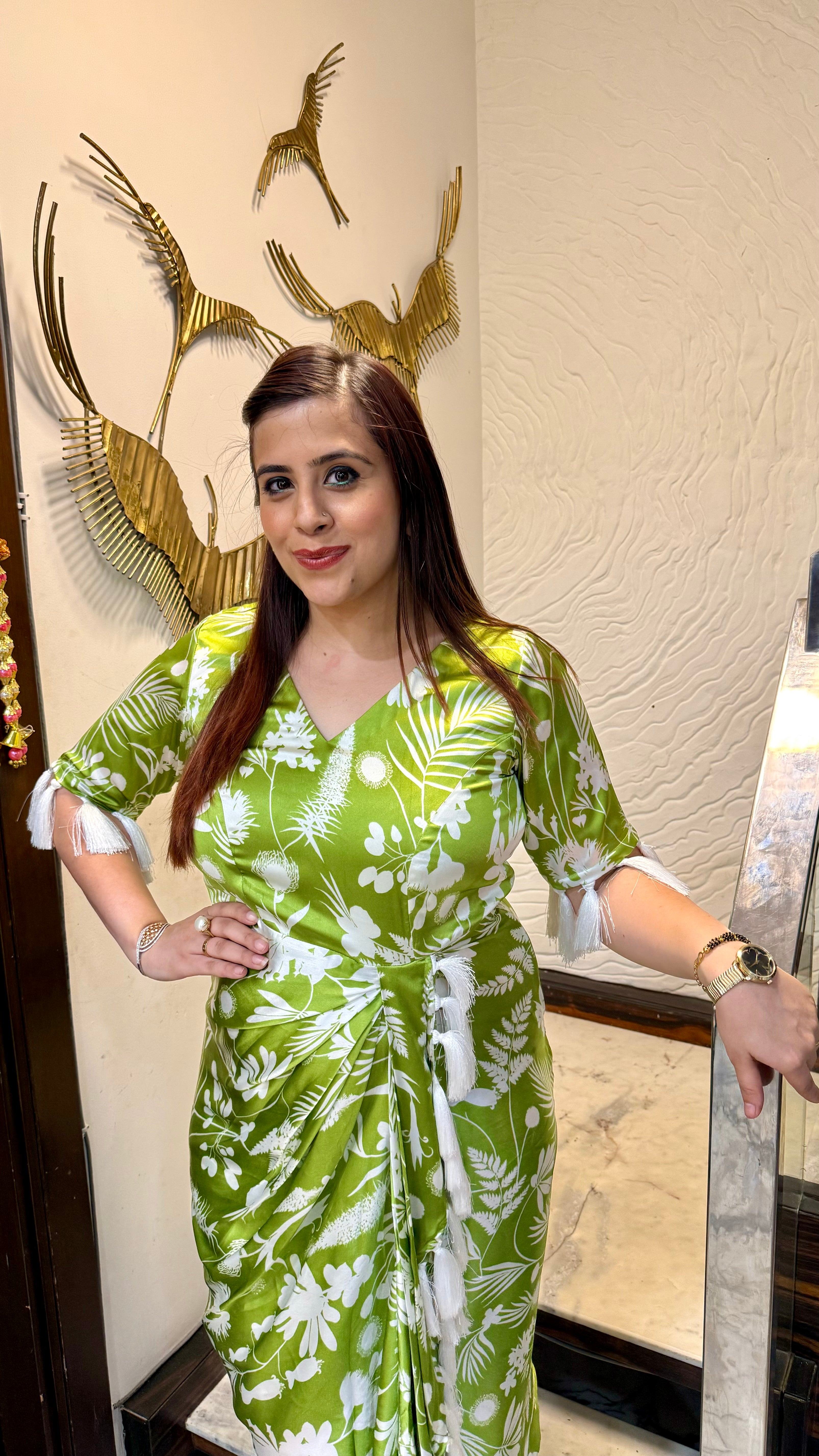 Green Satin Drape Dress