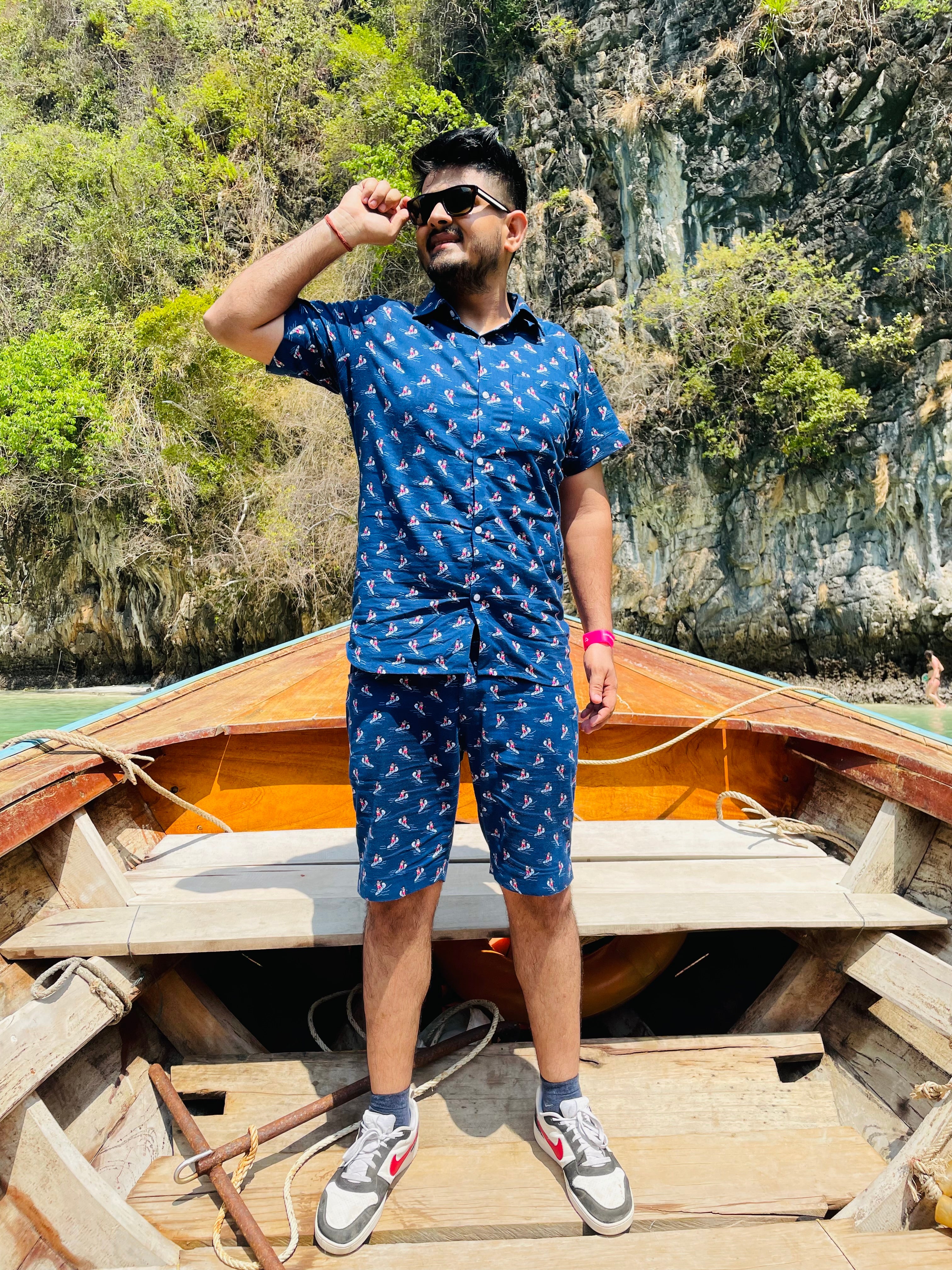 Navy Blue Santa Surfing Cotton Co-ord