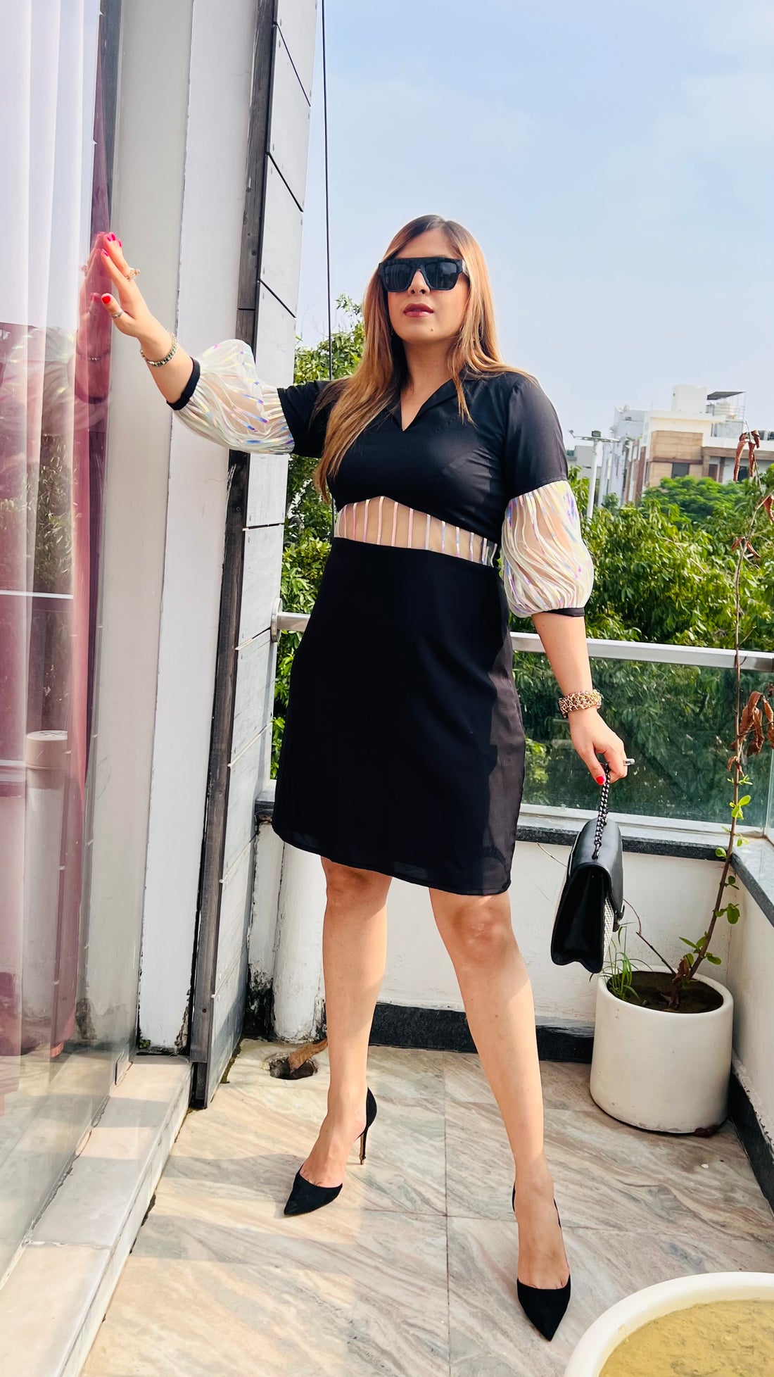 Black Holographic Shirt Dress