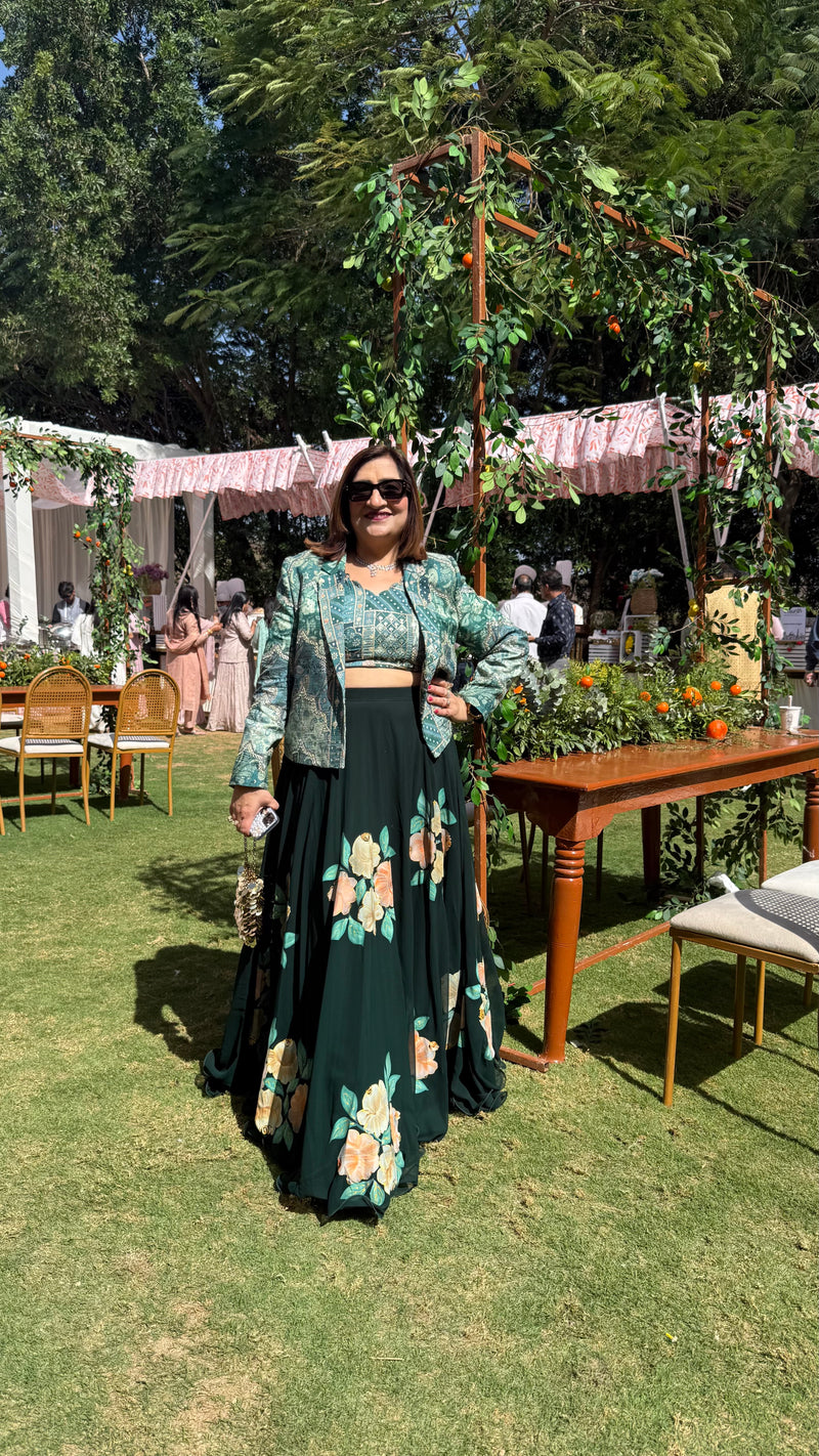 Forest Green Hand Painted Jacket Lehenga
