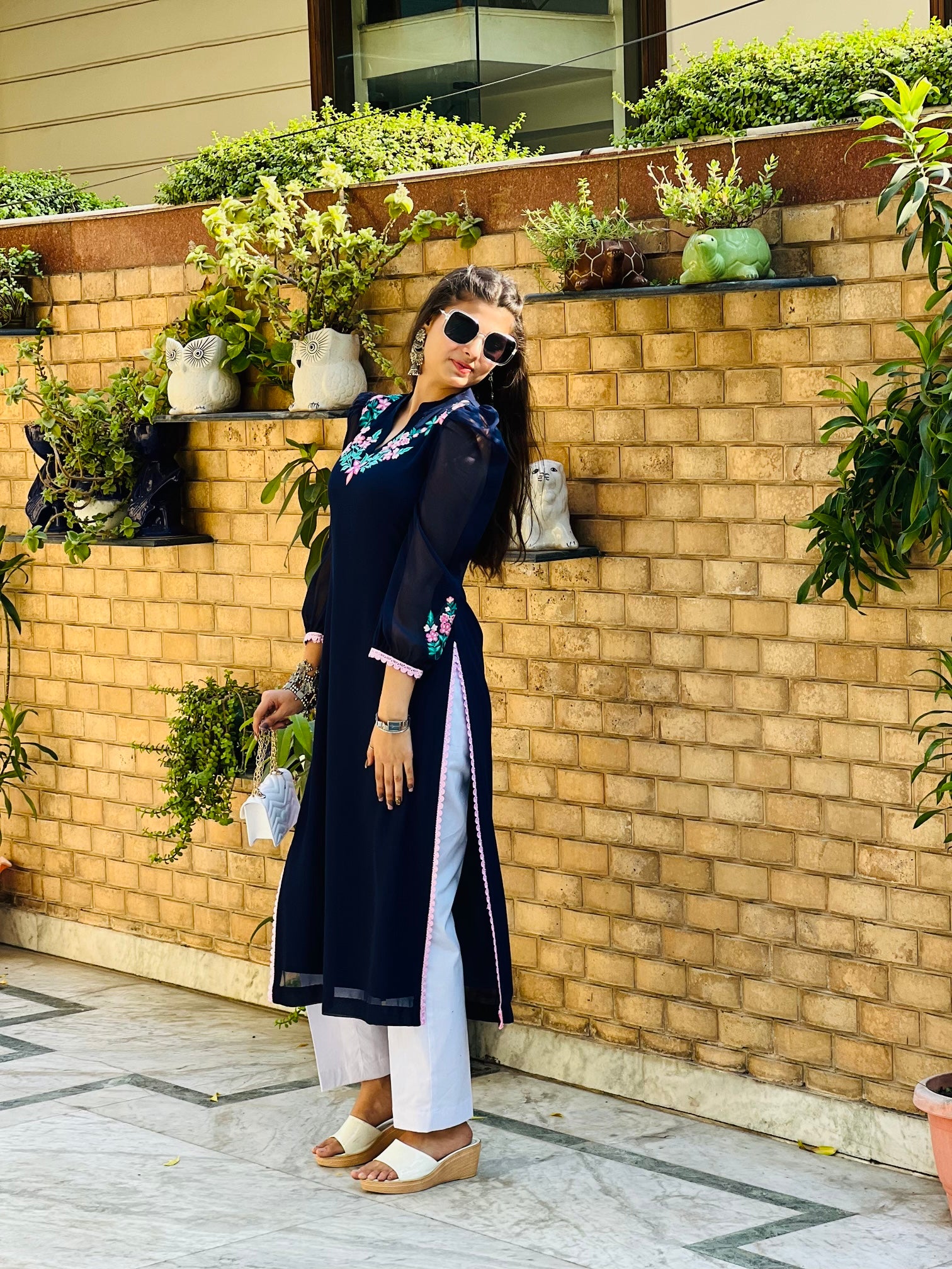 Blue Embroidered Office kurti 