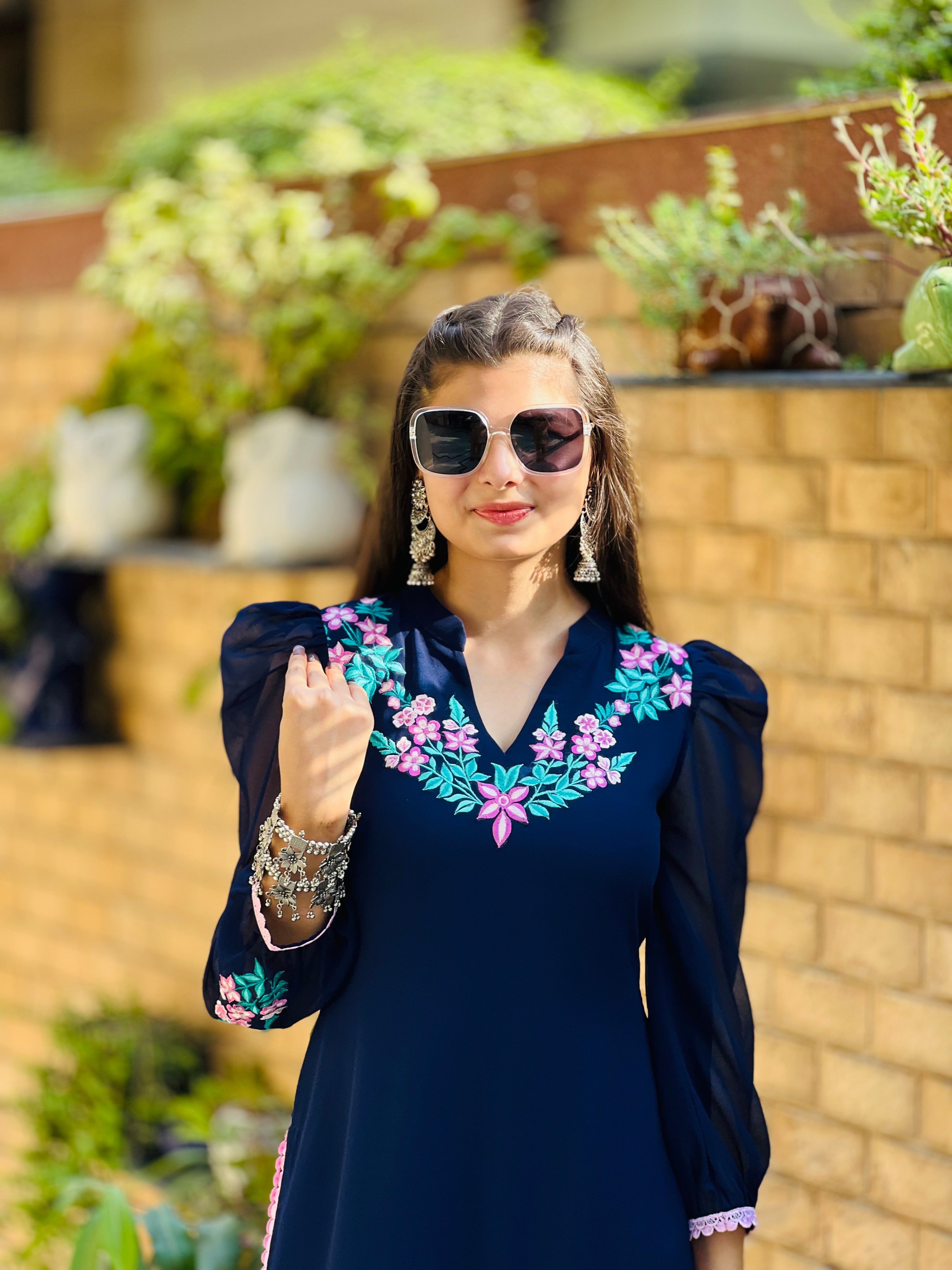 Blue Embroidered Office kurti 