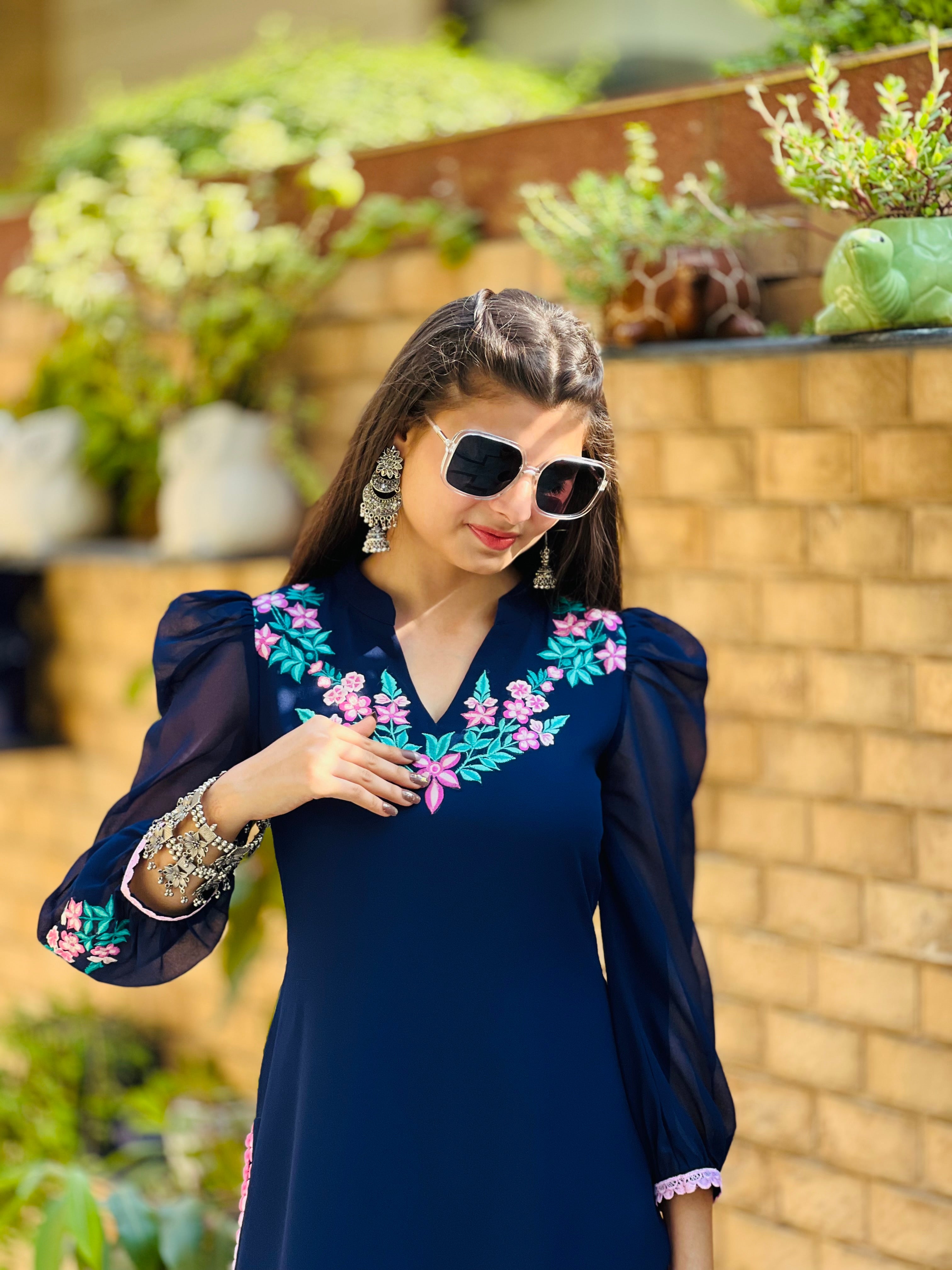 Blue Embroidered Office kurti 