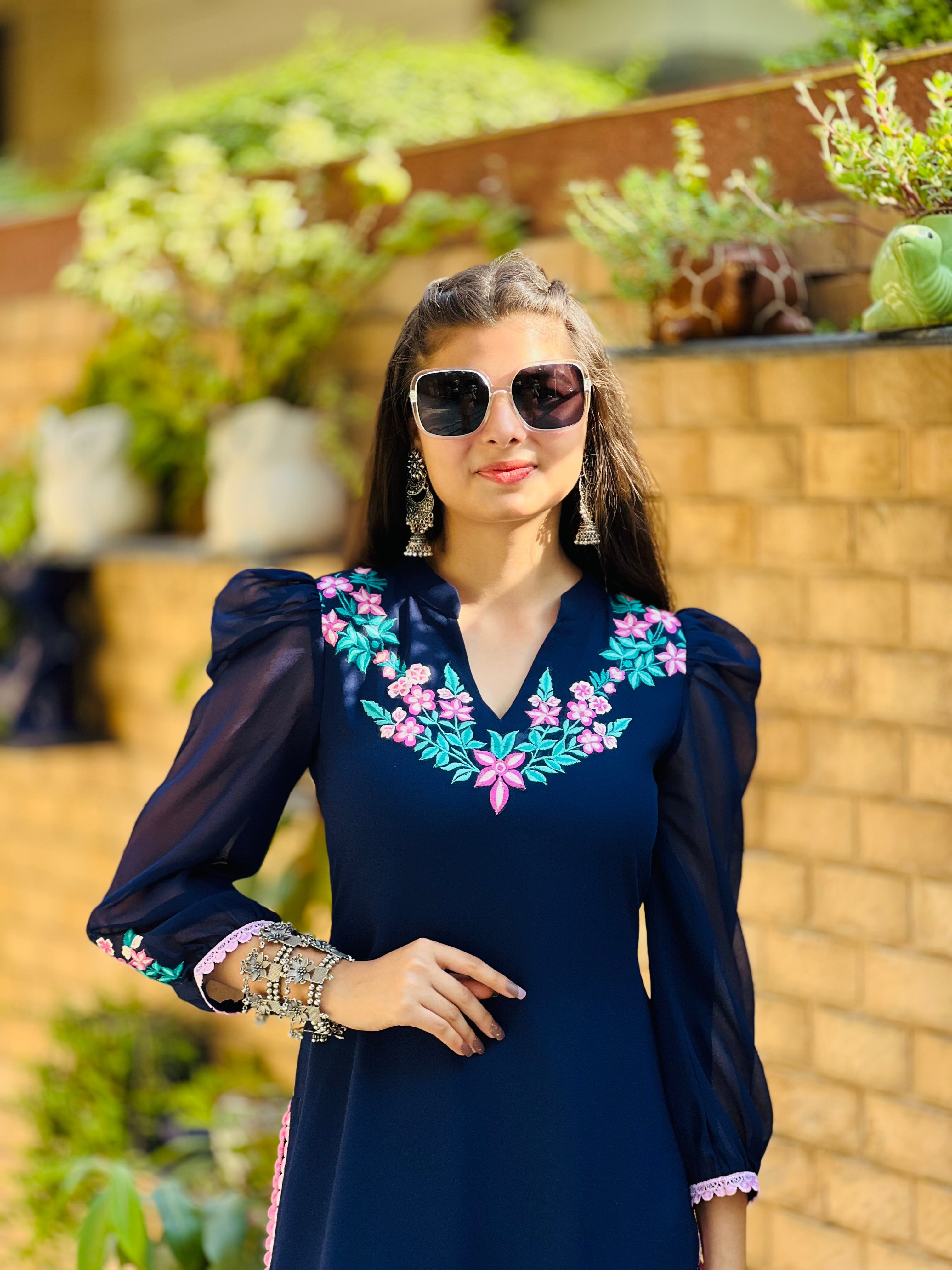 Blue Embroidered Office kurti 
