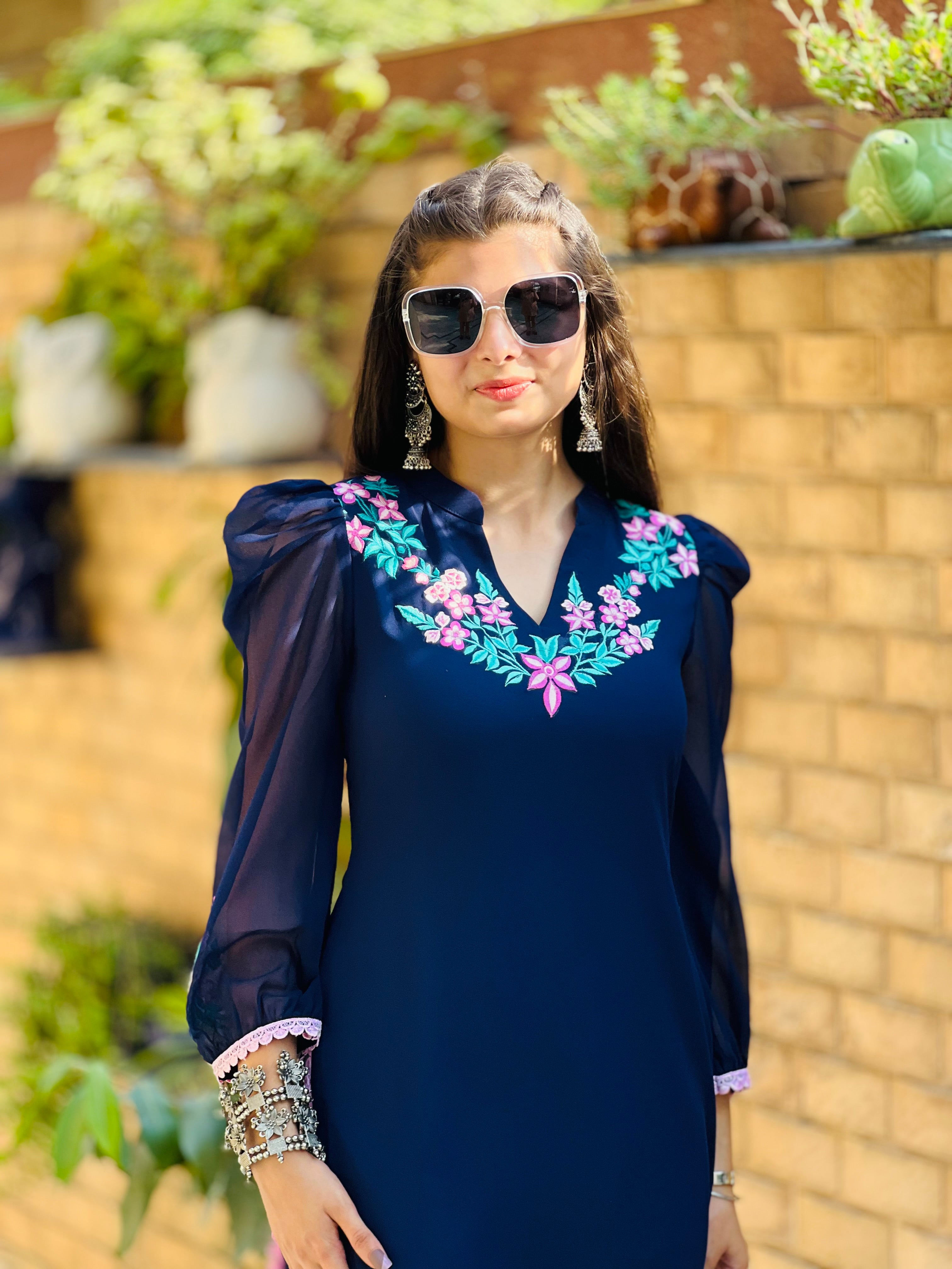 Blue Embroidered Office kurti 