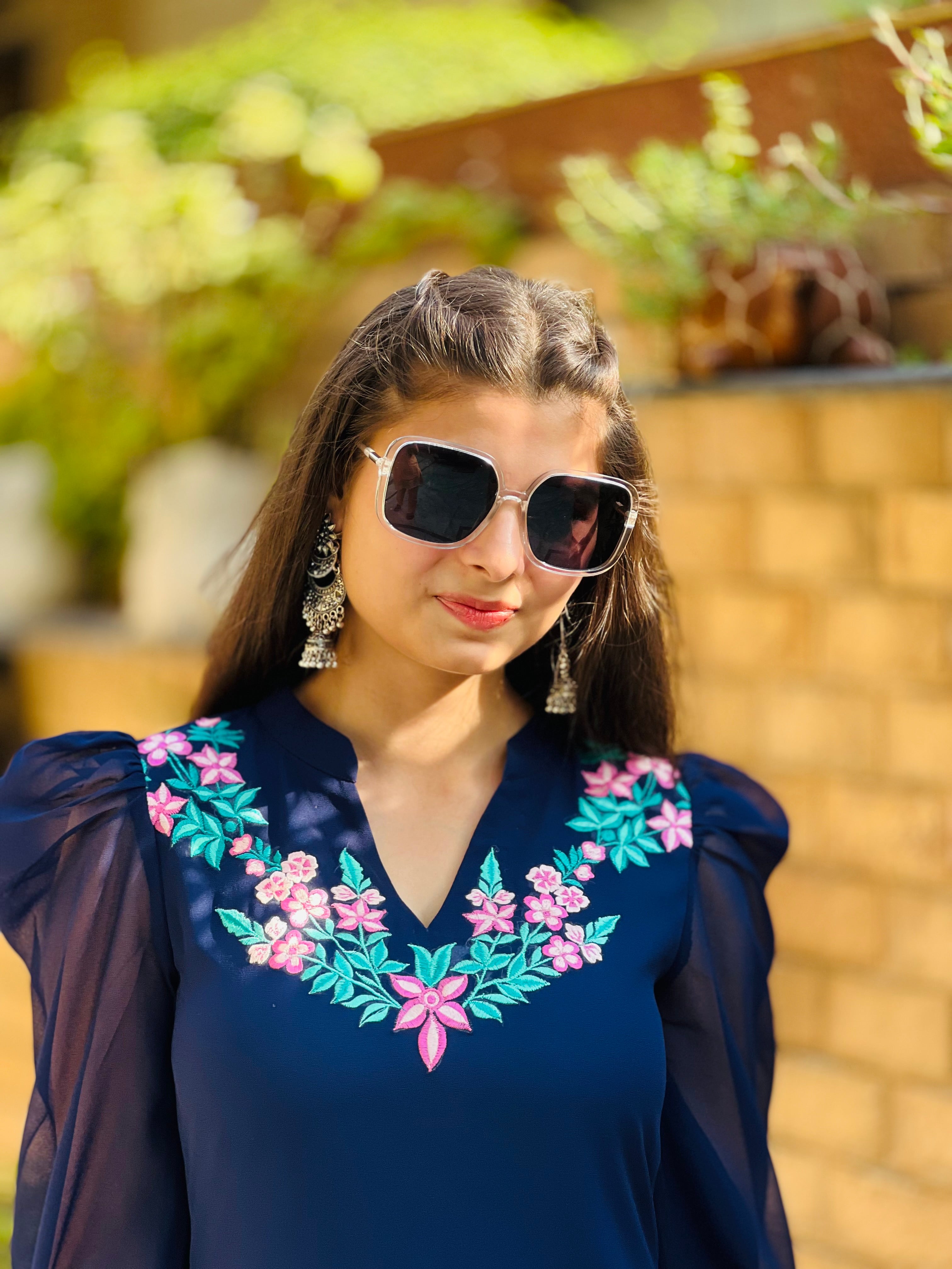 Blue Embroidered Office kurti 