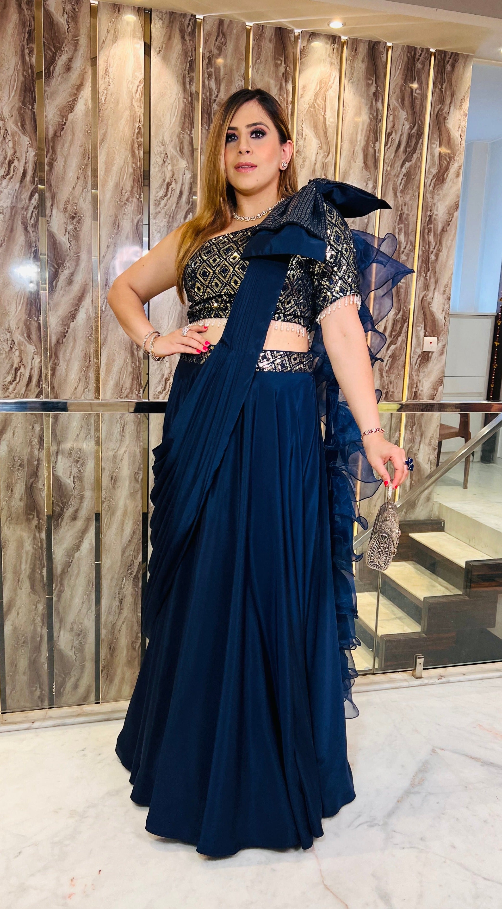 Navy Blue Bow Lehenga