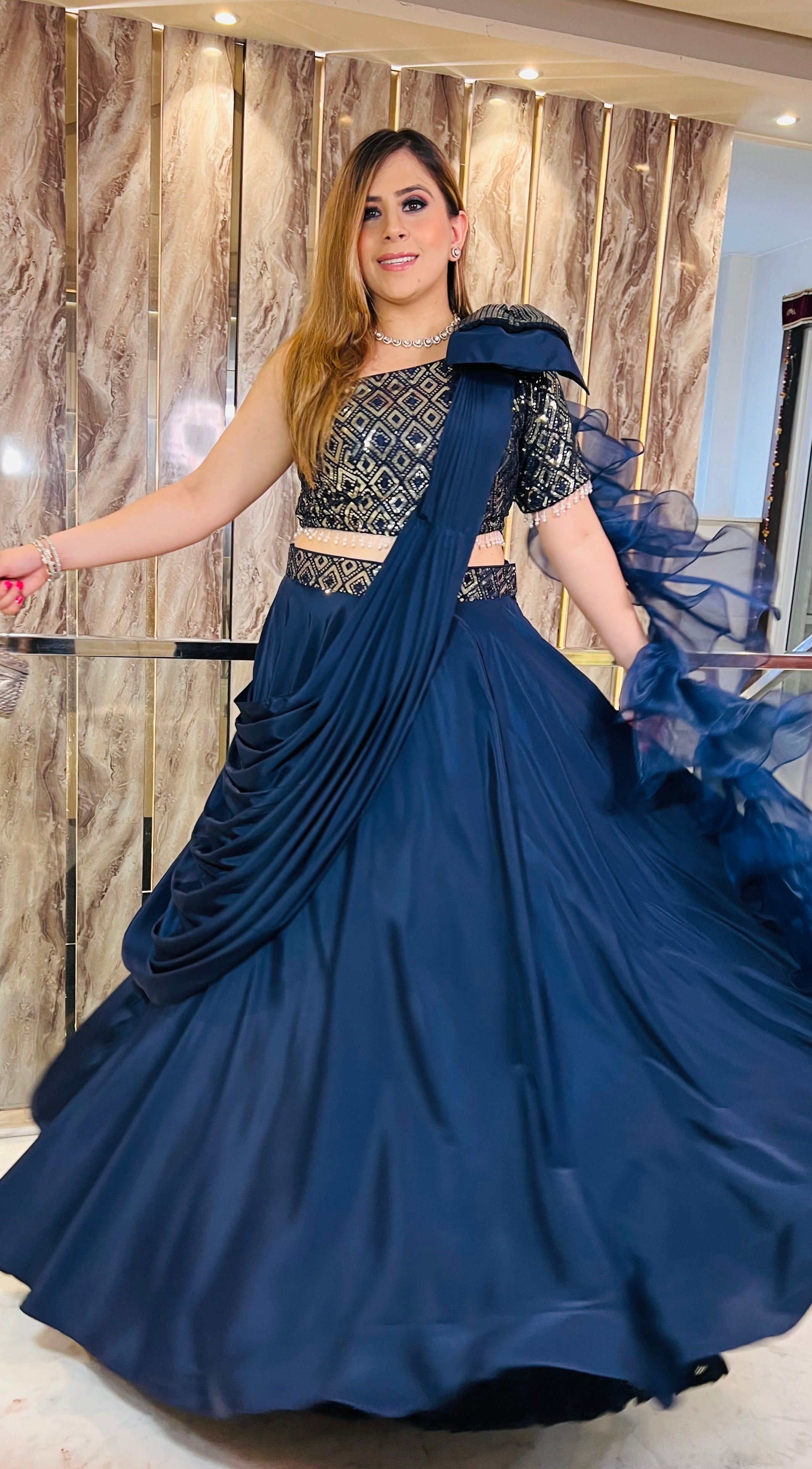Navy Blue Bow Lehenga