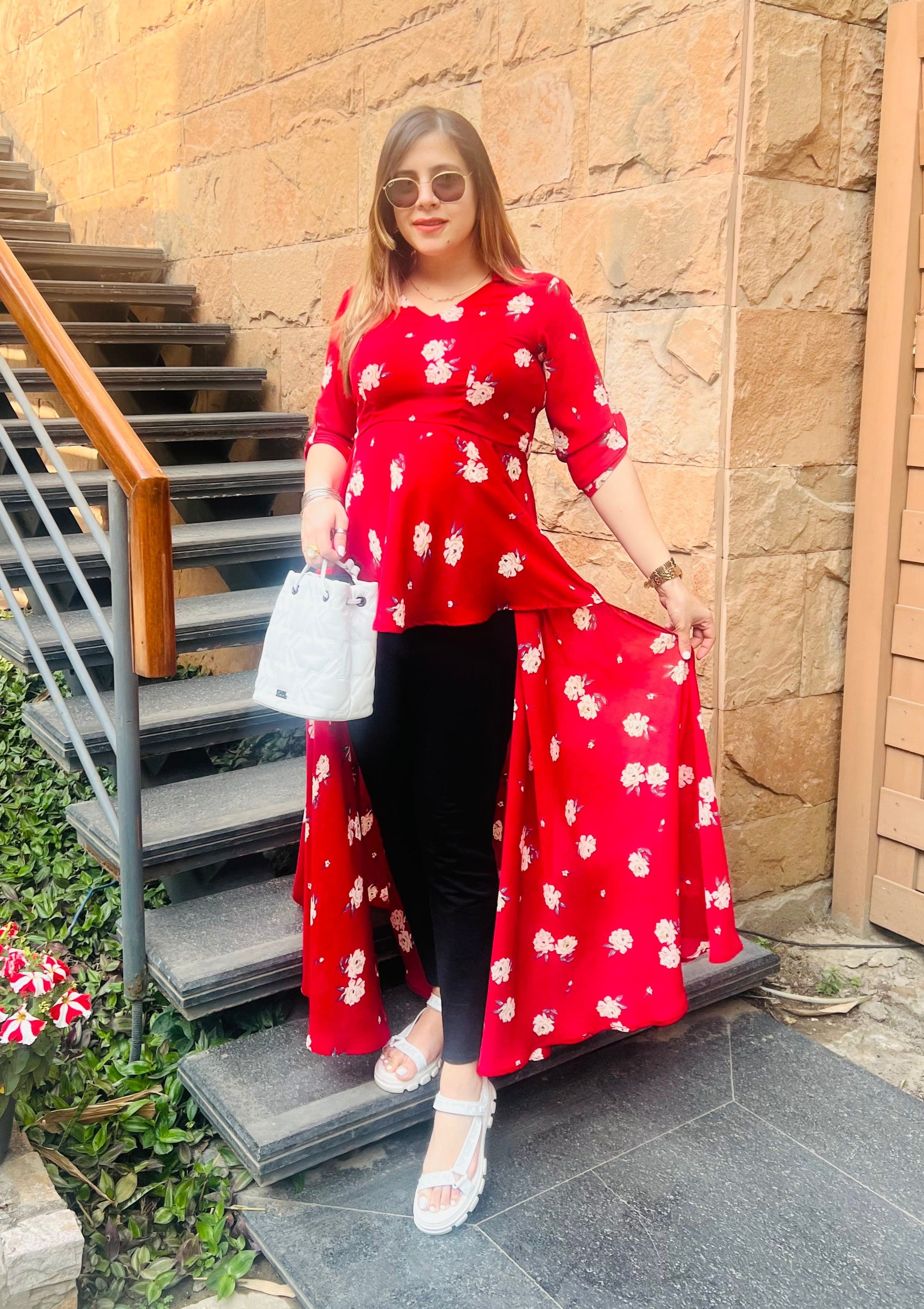 Red Floral Slit Top