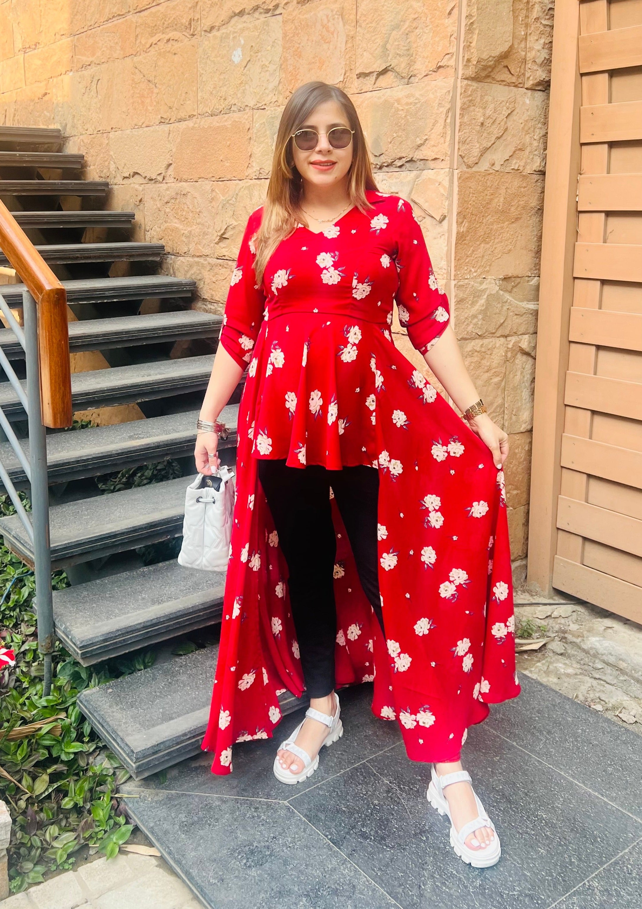 Red Floral Slit Top