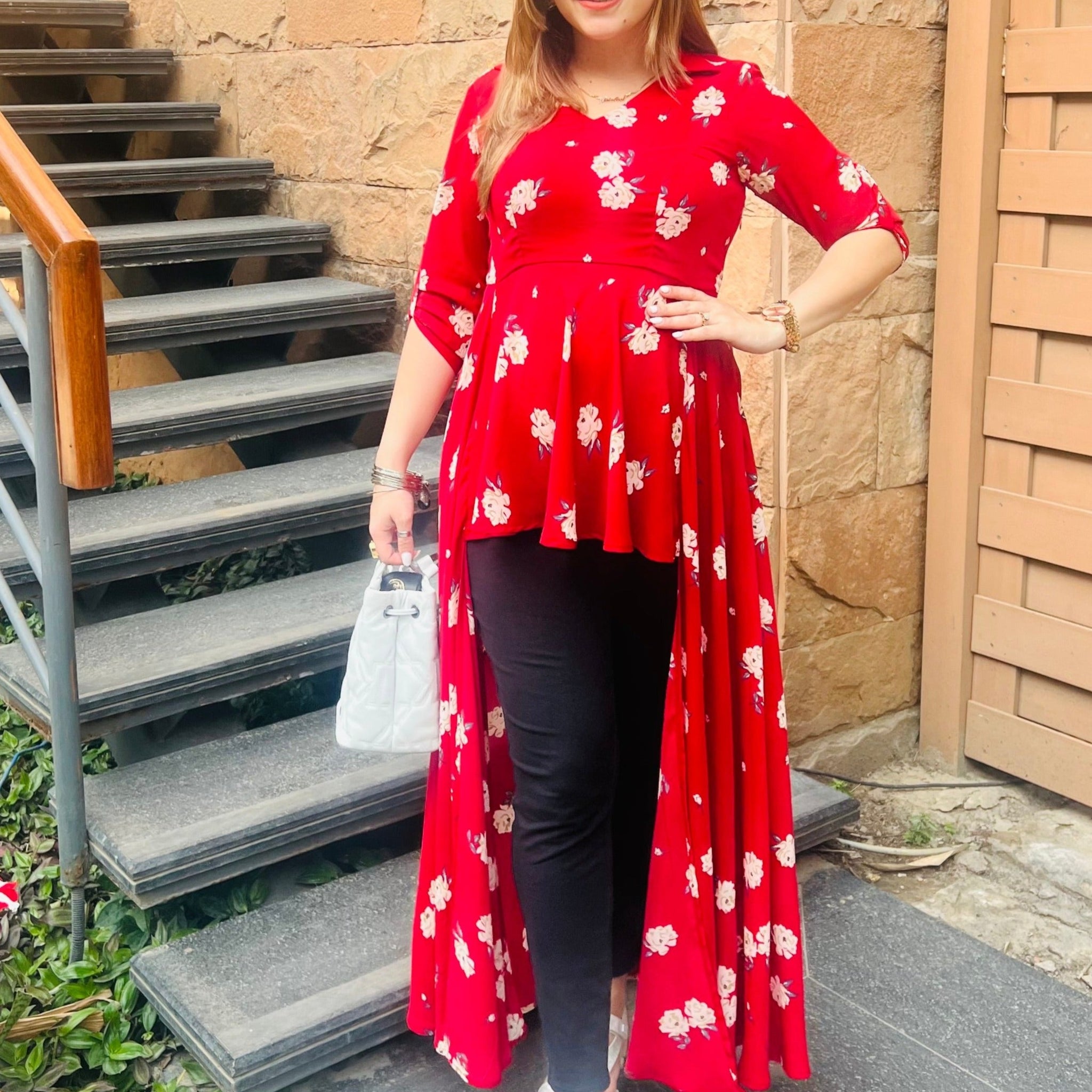 Red Floral Slit Top