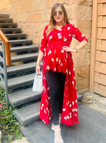Red Floral Slit Top