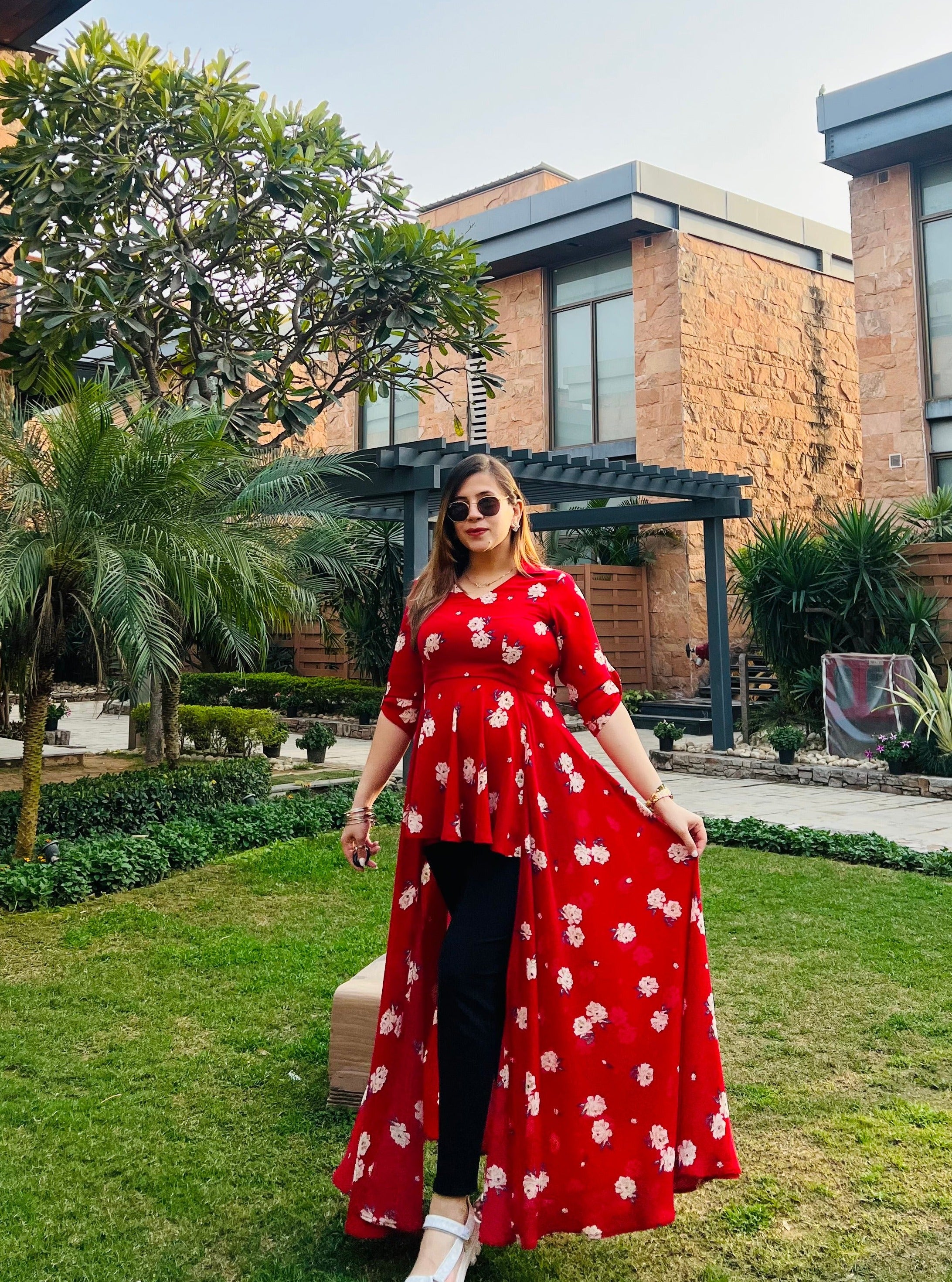 Red Floral Slit Top