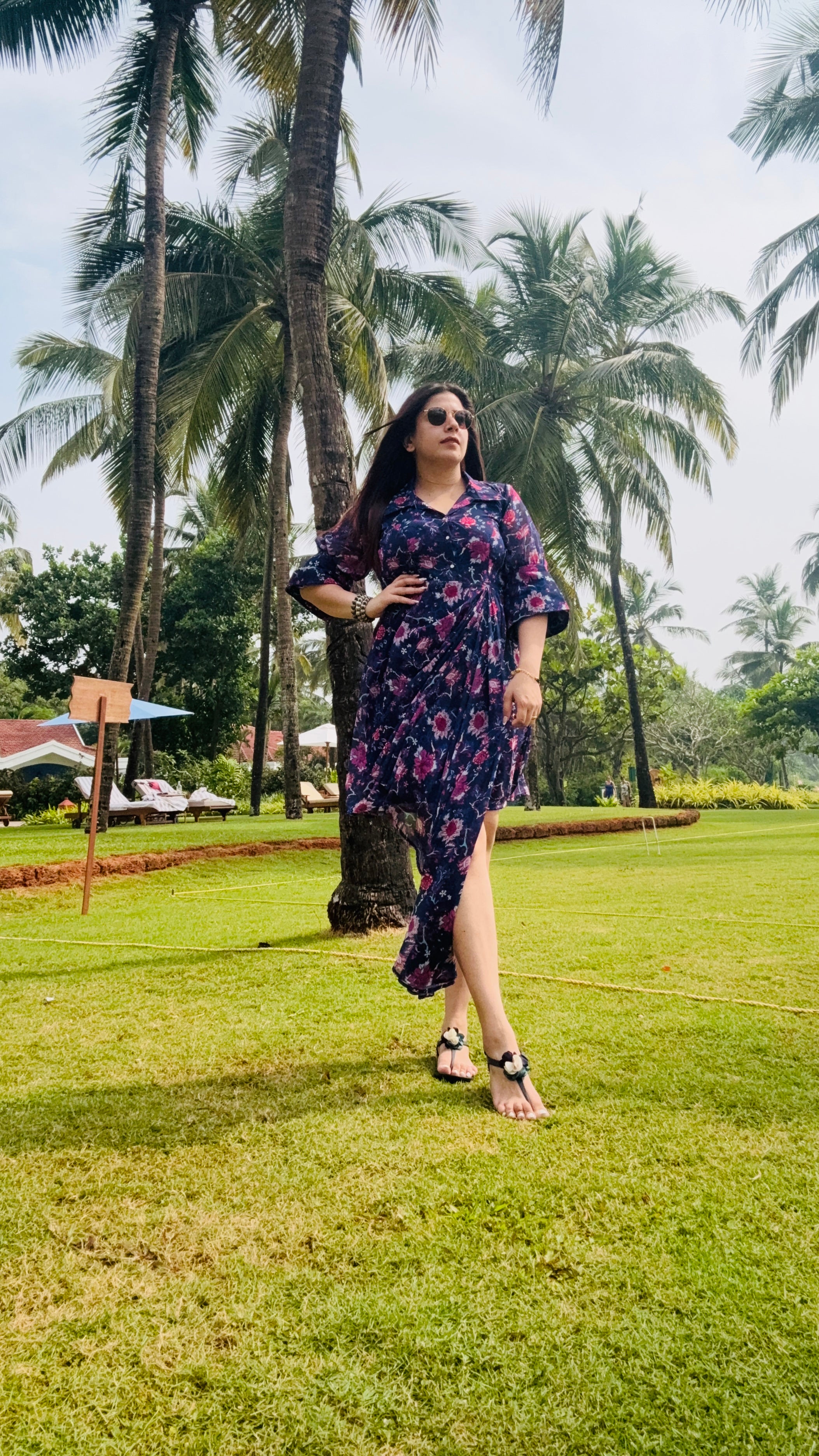 Blue Flower Drape Shirt Dress