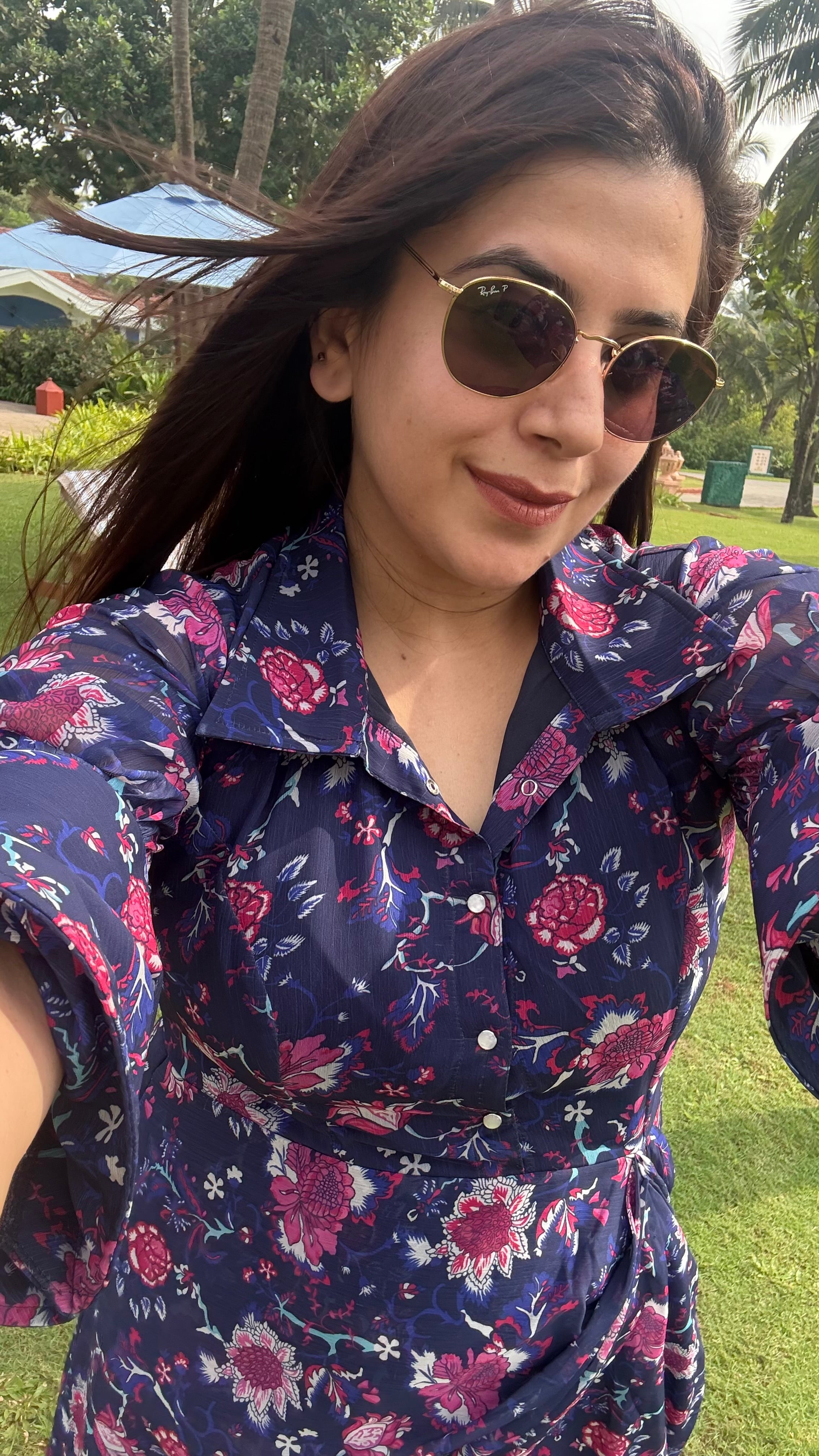 Blue Flower Drape Shirt Dress