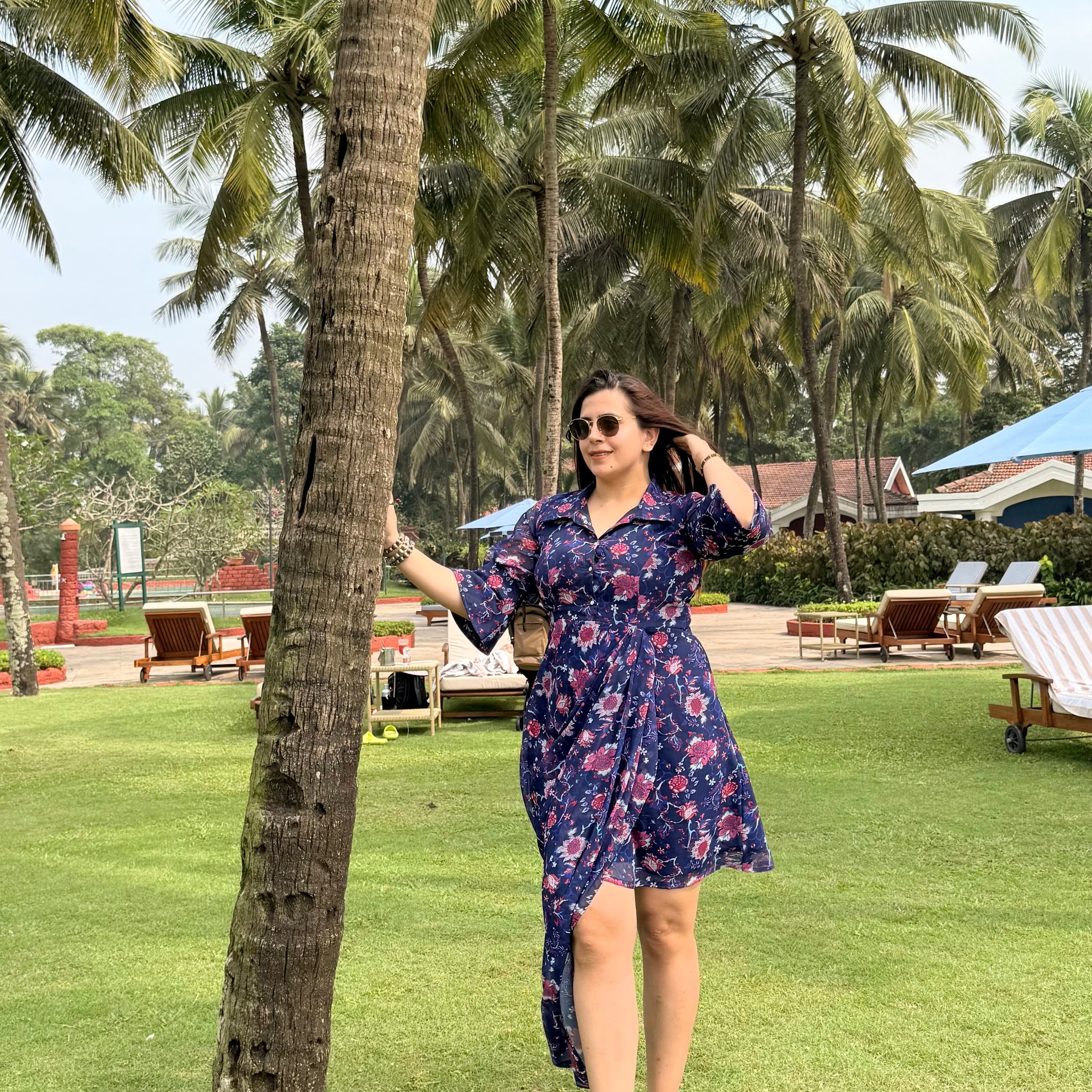 Blue Flower Drape Shirt Dress