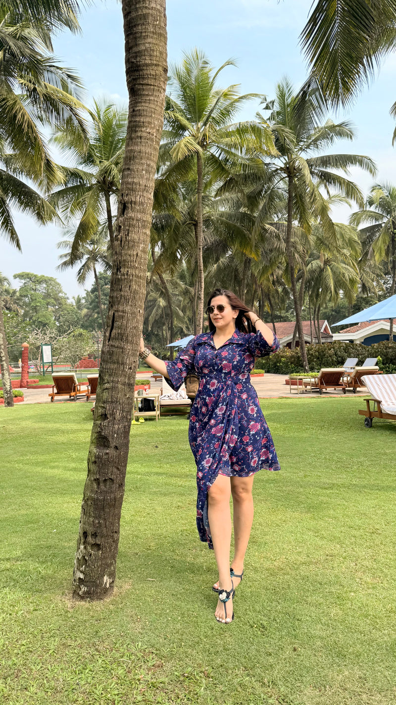 Blue Flower Drape Shirt Dress