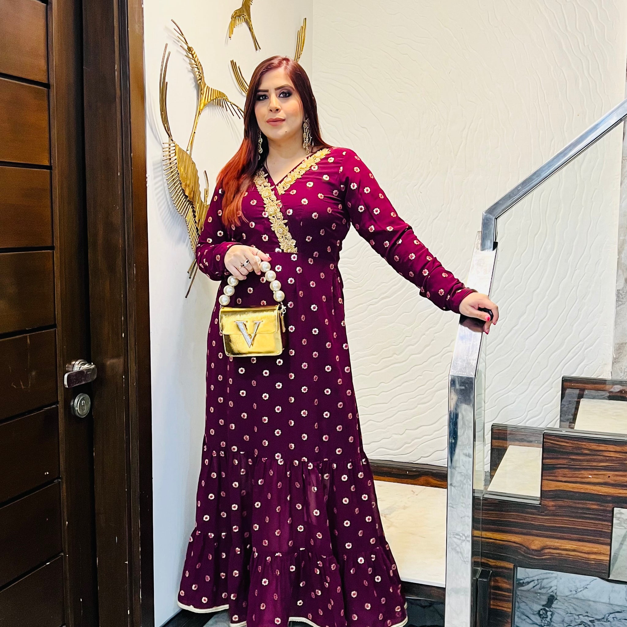 Wine Embroidered Ethnic Maxi