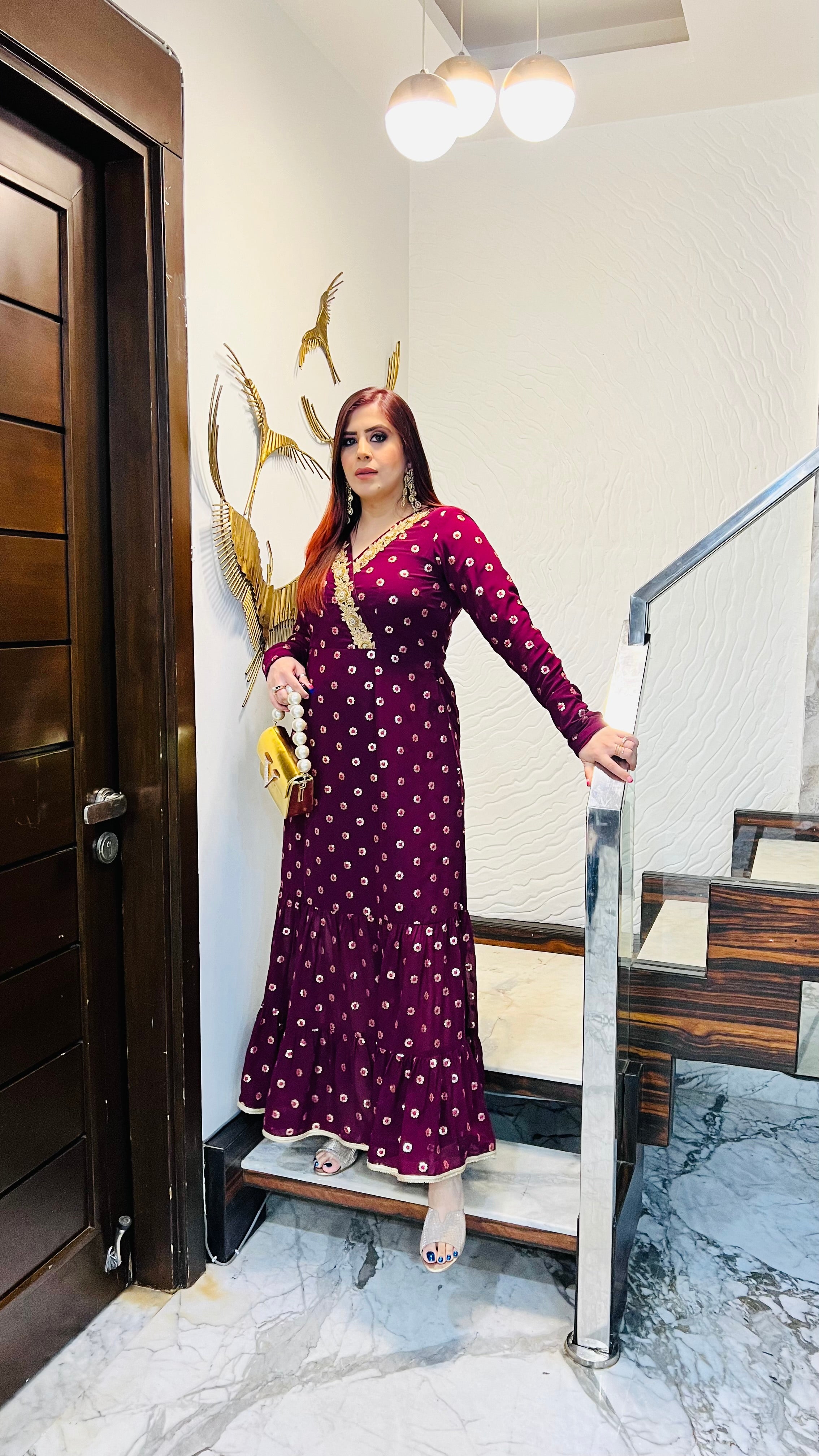 Wine Embroidered Ethnic Maxi