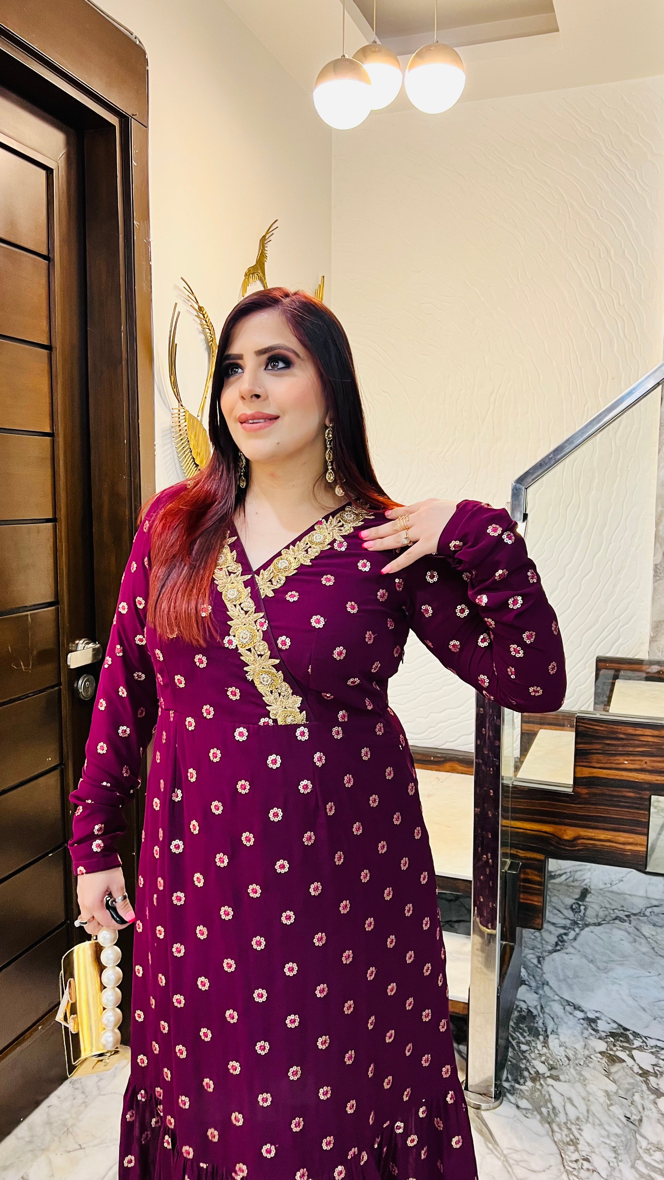 Wine Embroidered Ethnic Maxi