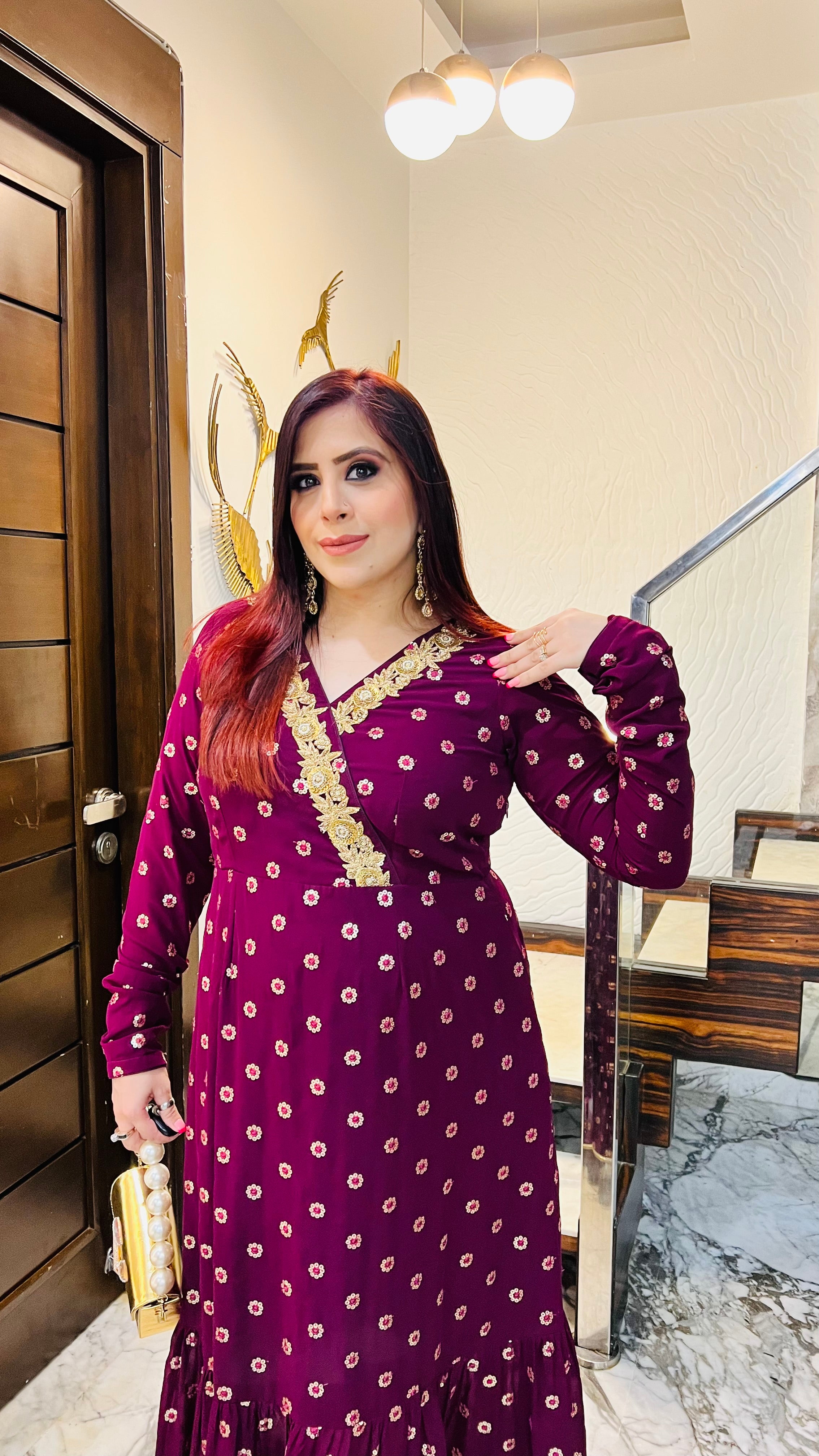 Wine Embroidered Ethnic Maxi