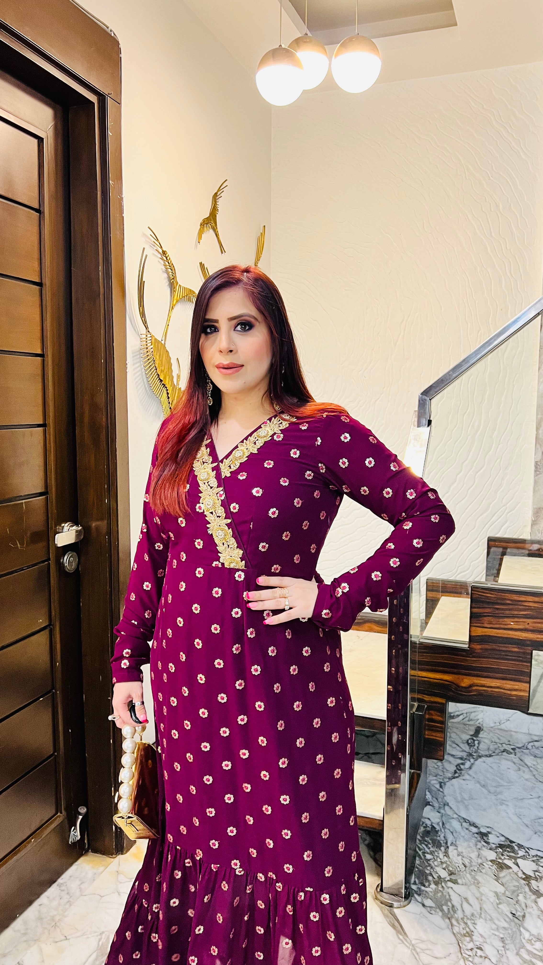 Wine Embroidered Ethnic Maxi