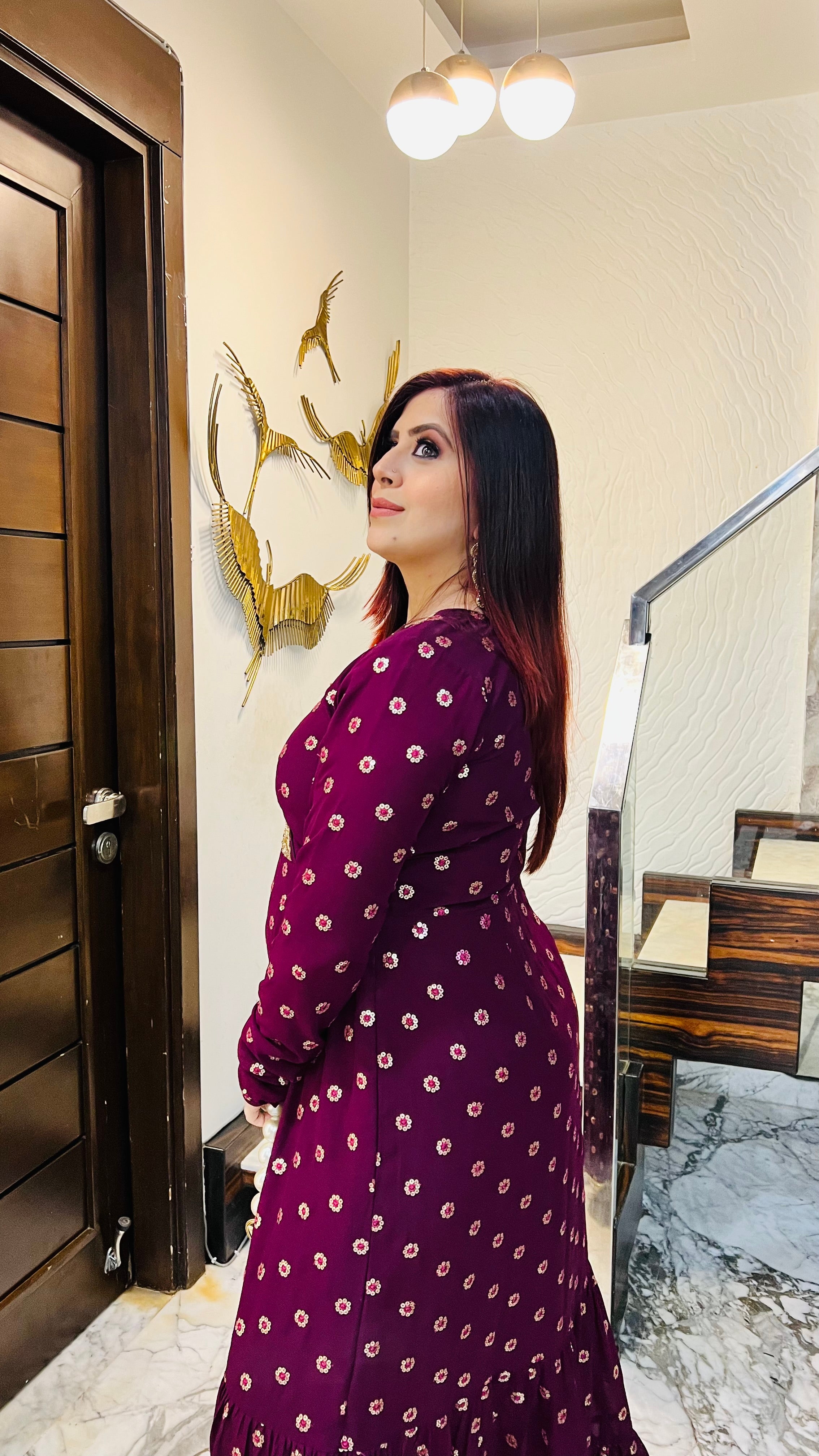 Wine Embroidered Ethnic Maxi