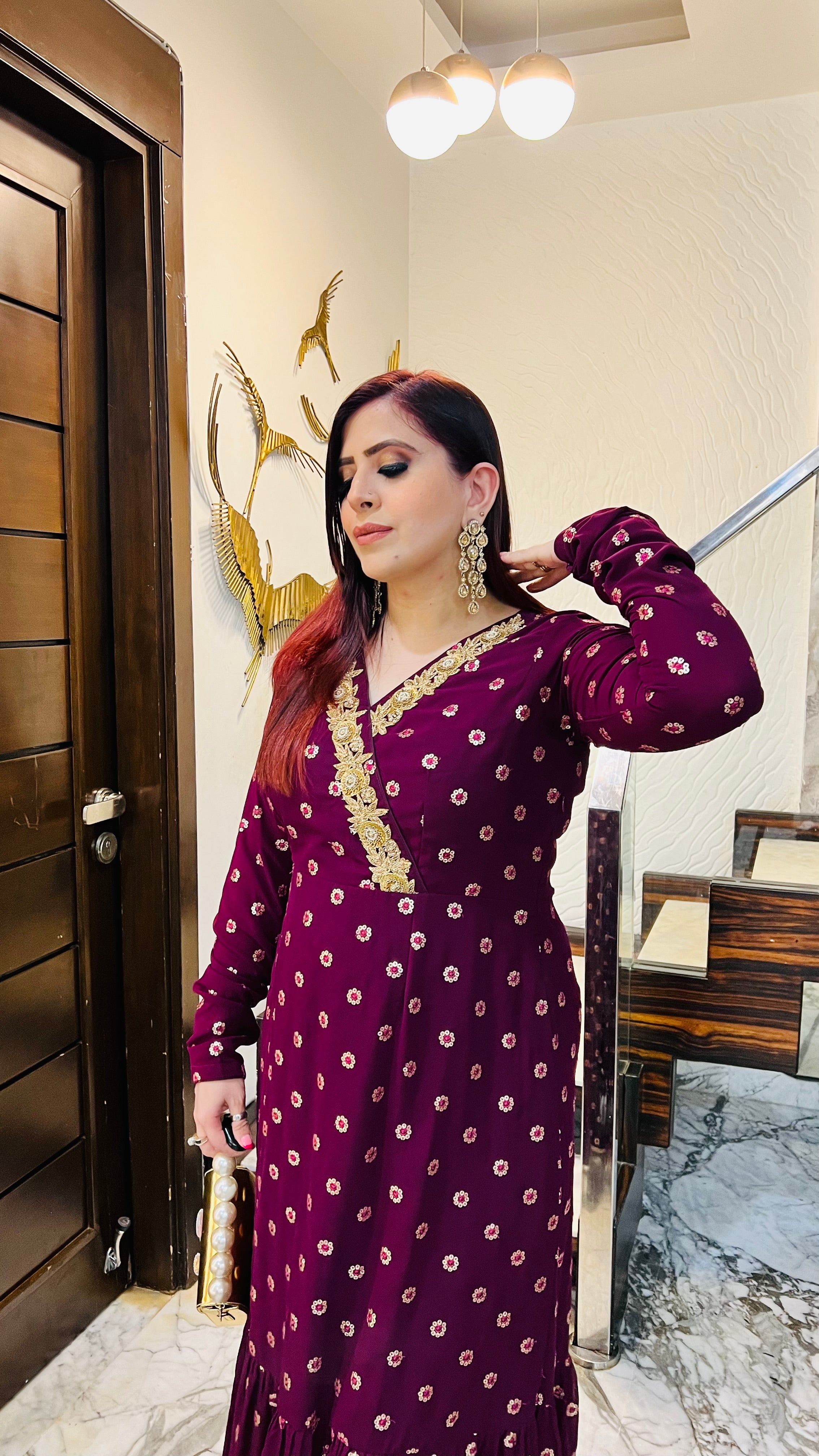 Wine Embroidered Ethnic Maxi